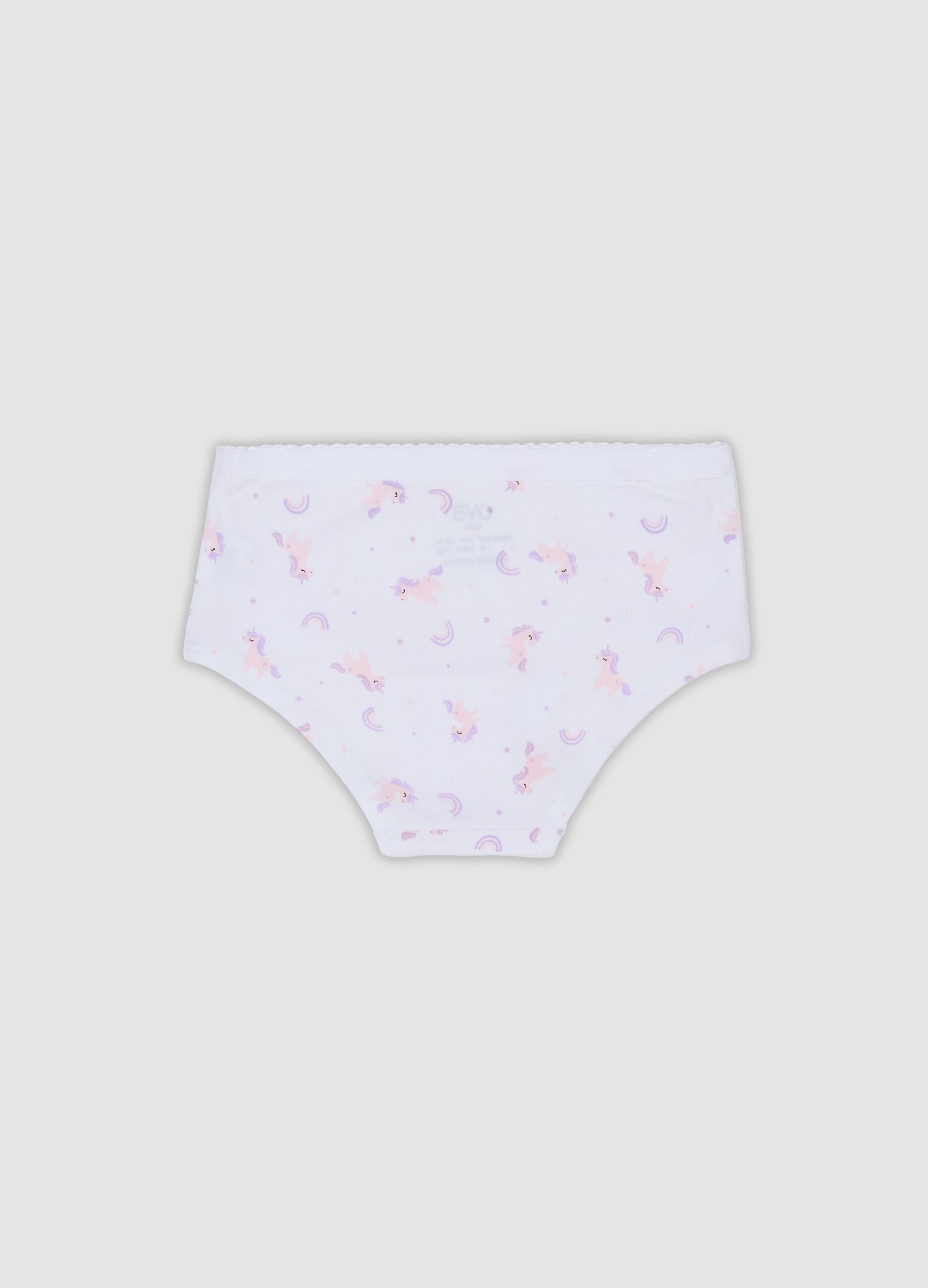 White stretch organic cotton culotte briefs with unicorn print