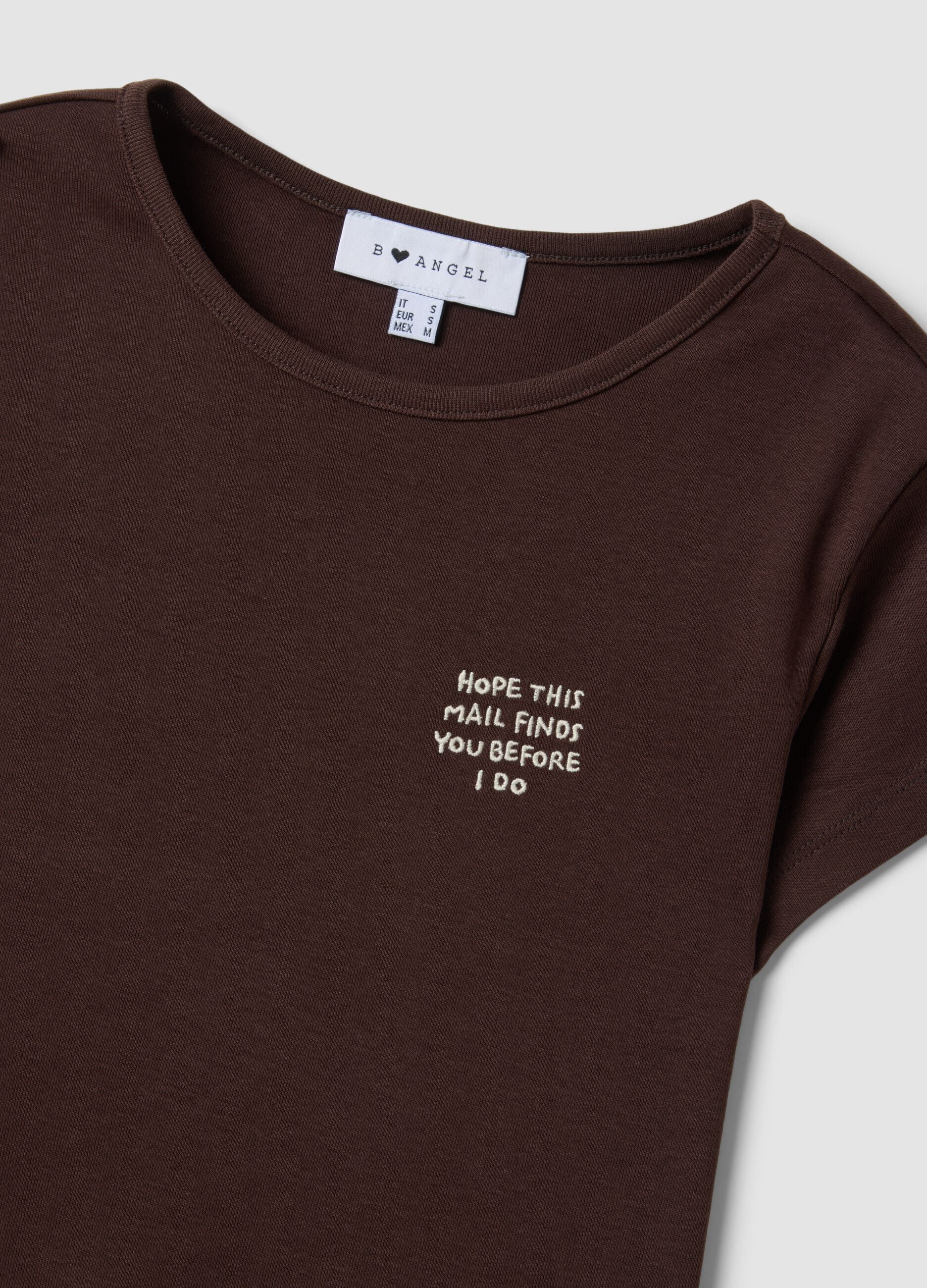 Brown pure cotton crew-neck T-shirt with slogan