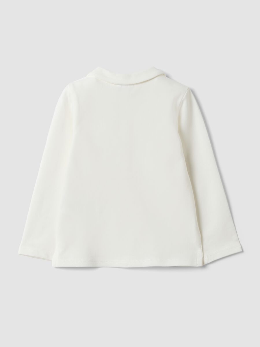 White stretch organic cotton polo shirt with ruffle detailing for baby girl_1