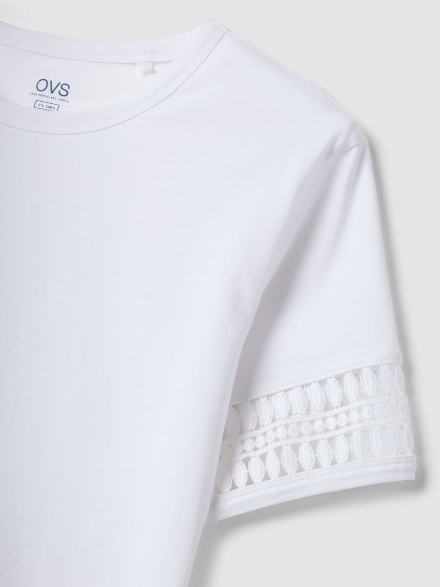 White pure cotton T-shirt with lace sleeves_5