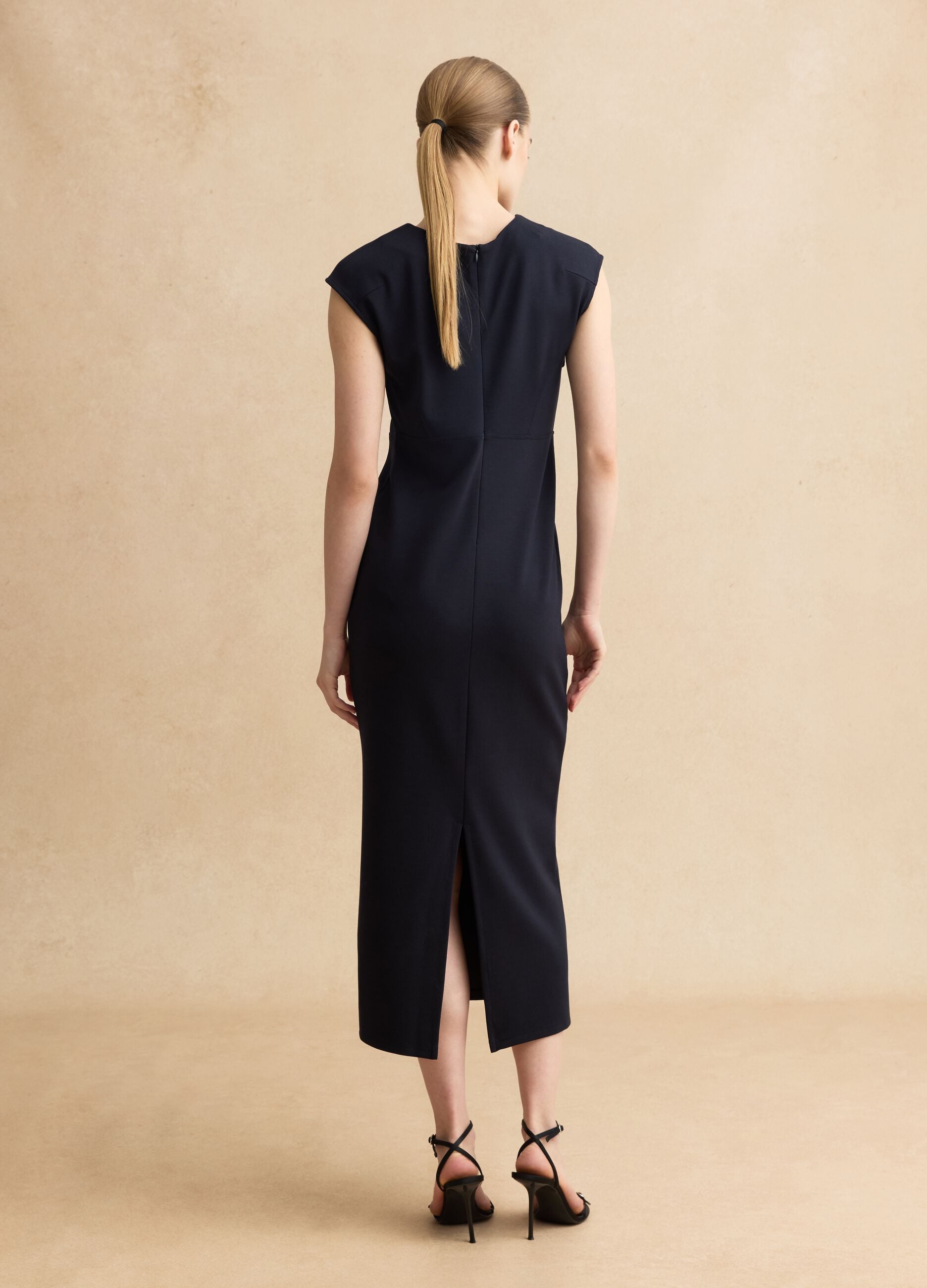 Sleeveless blue viscose blend slim fit dress with zip