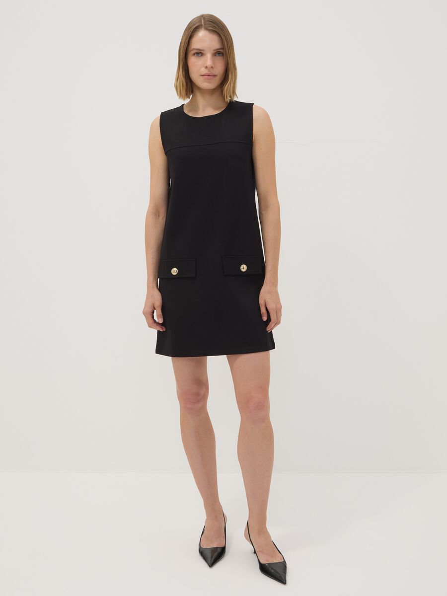 Black sleeveless Milano stitch stretch viscose dress, straight fit_0