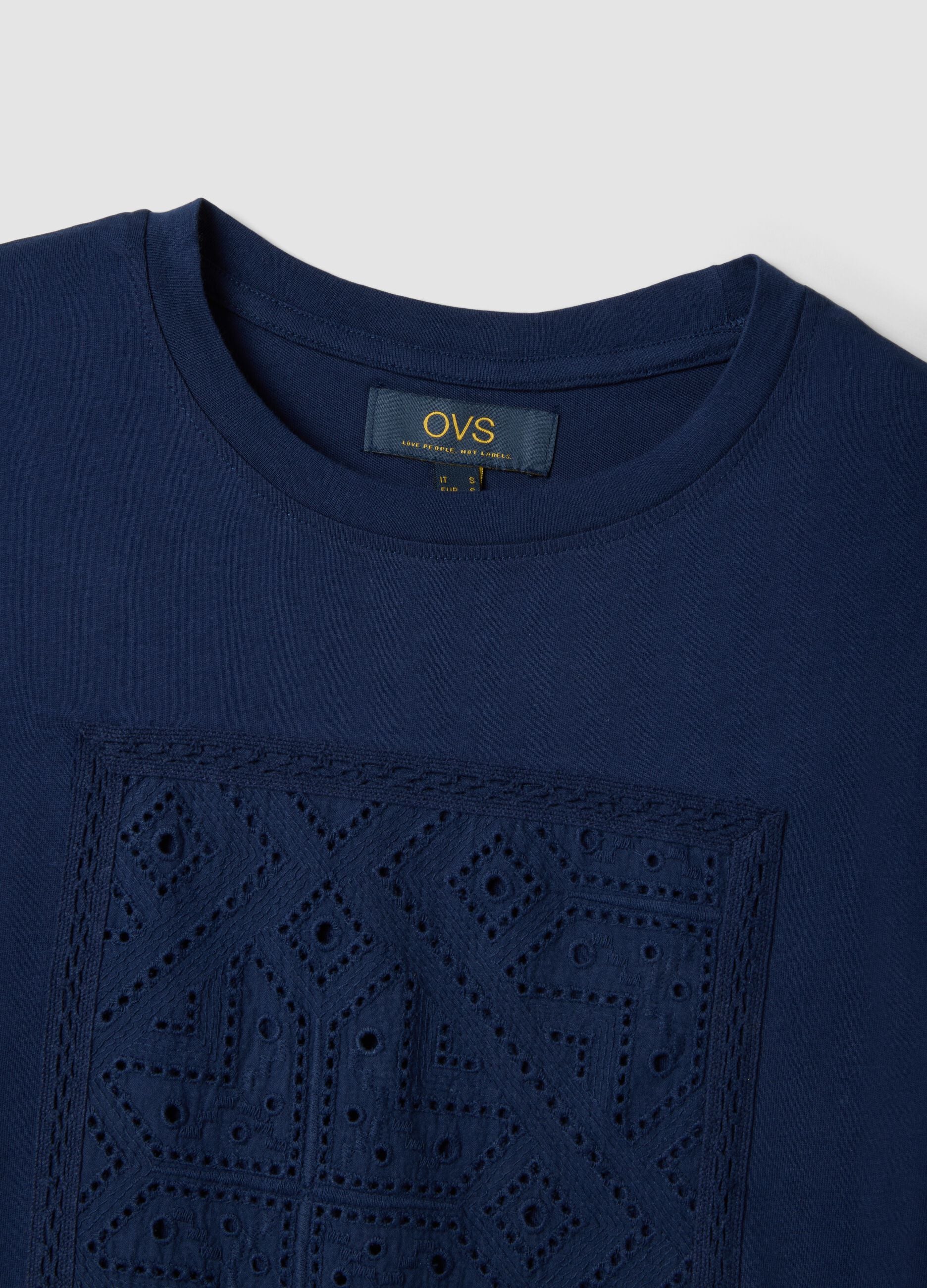 Blue regular-fit pure cotton T-shirt with perforated detail