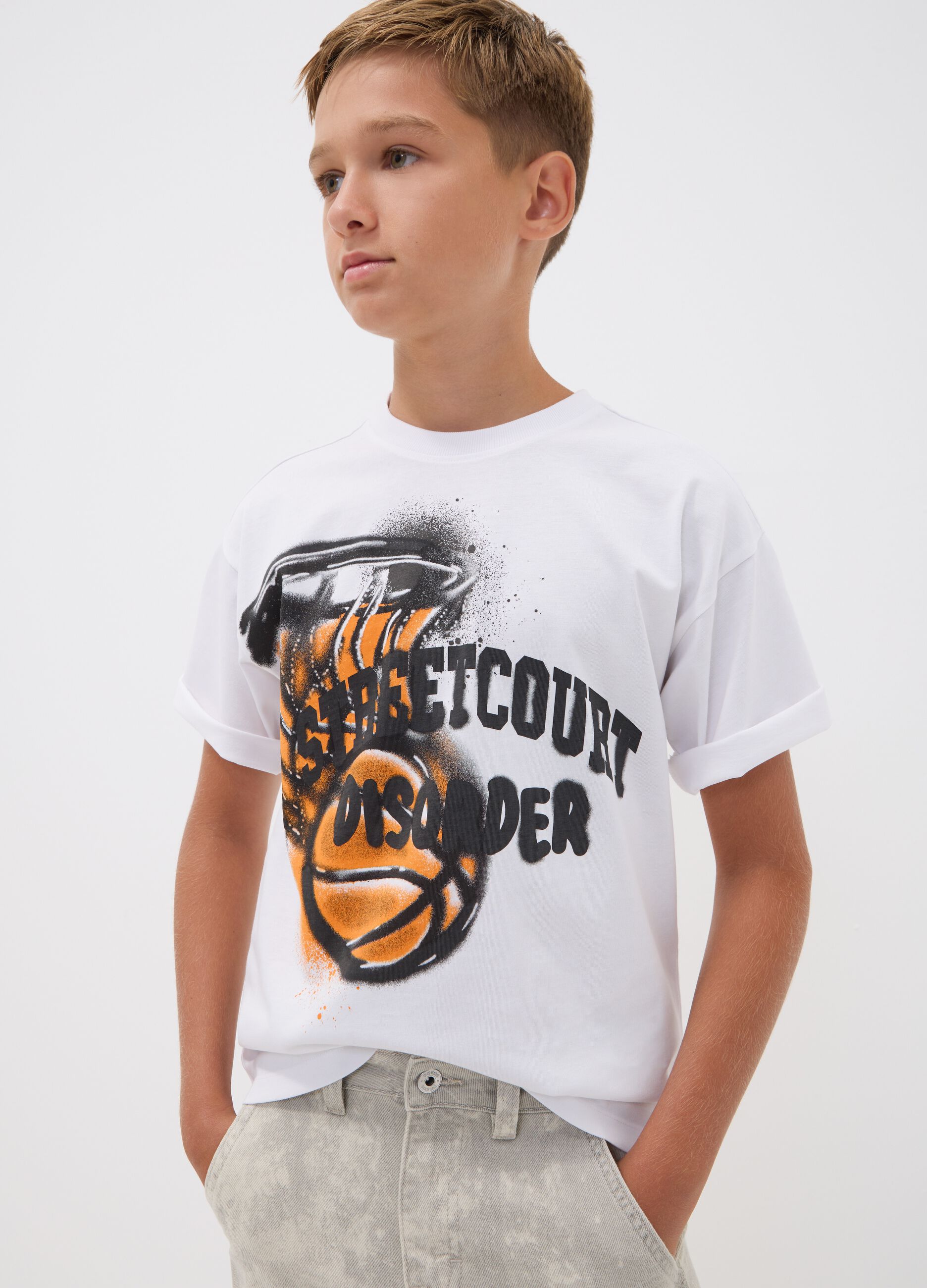 White pure cotton oversized T-shirt with basketball graphic print for boys