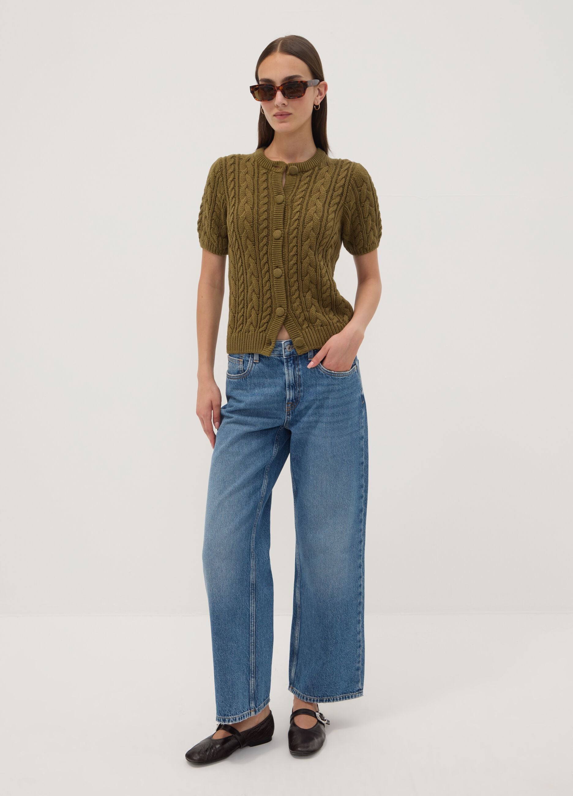 Green cable-knit pure cotton cardigan, regular fit