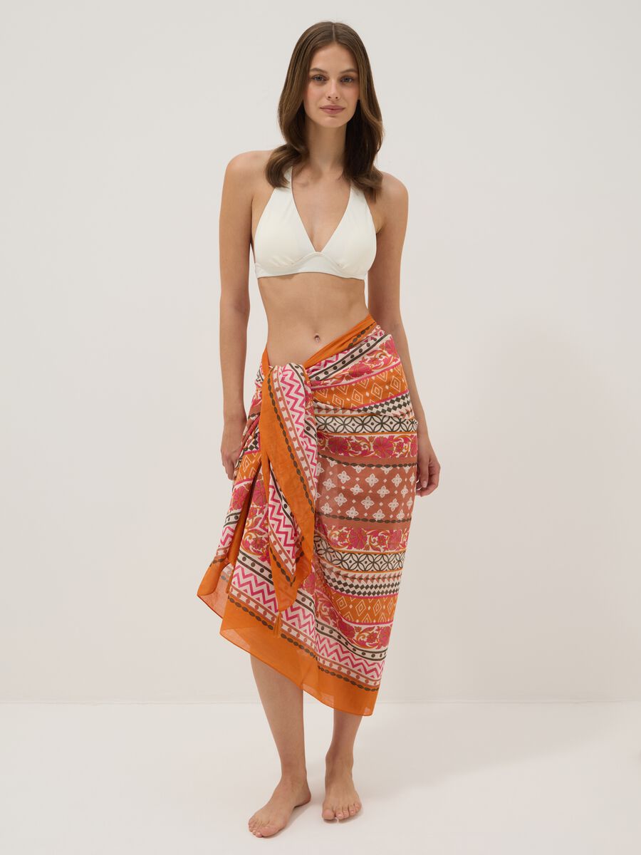 Orange pure cotton pareo with patterned print_0