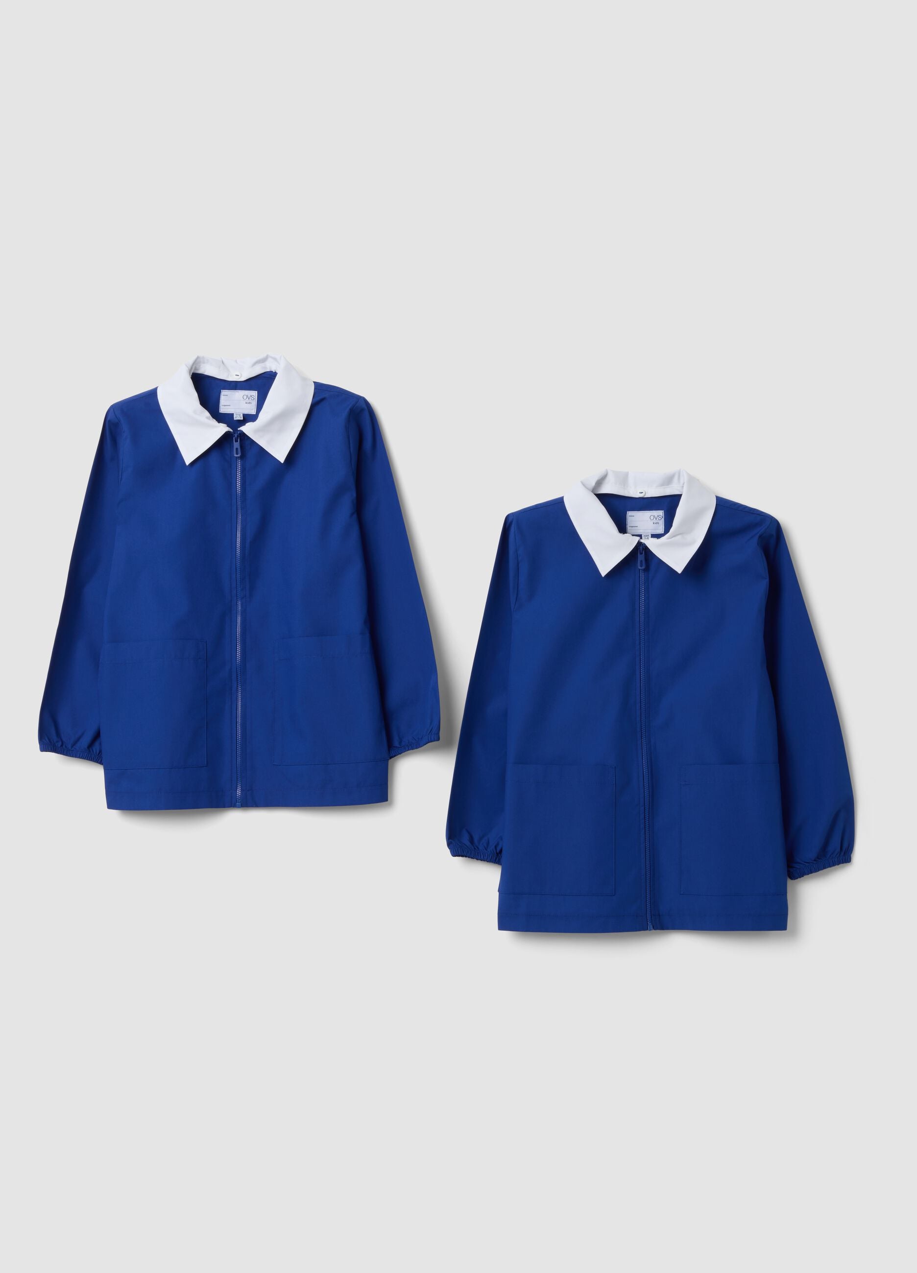 2-pack of blue school aprons with zip and white collar for boys