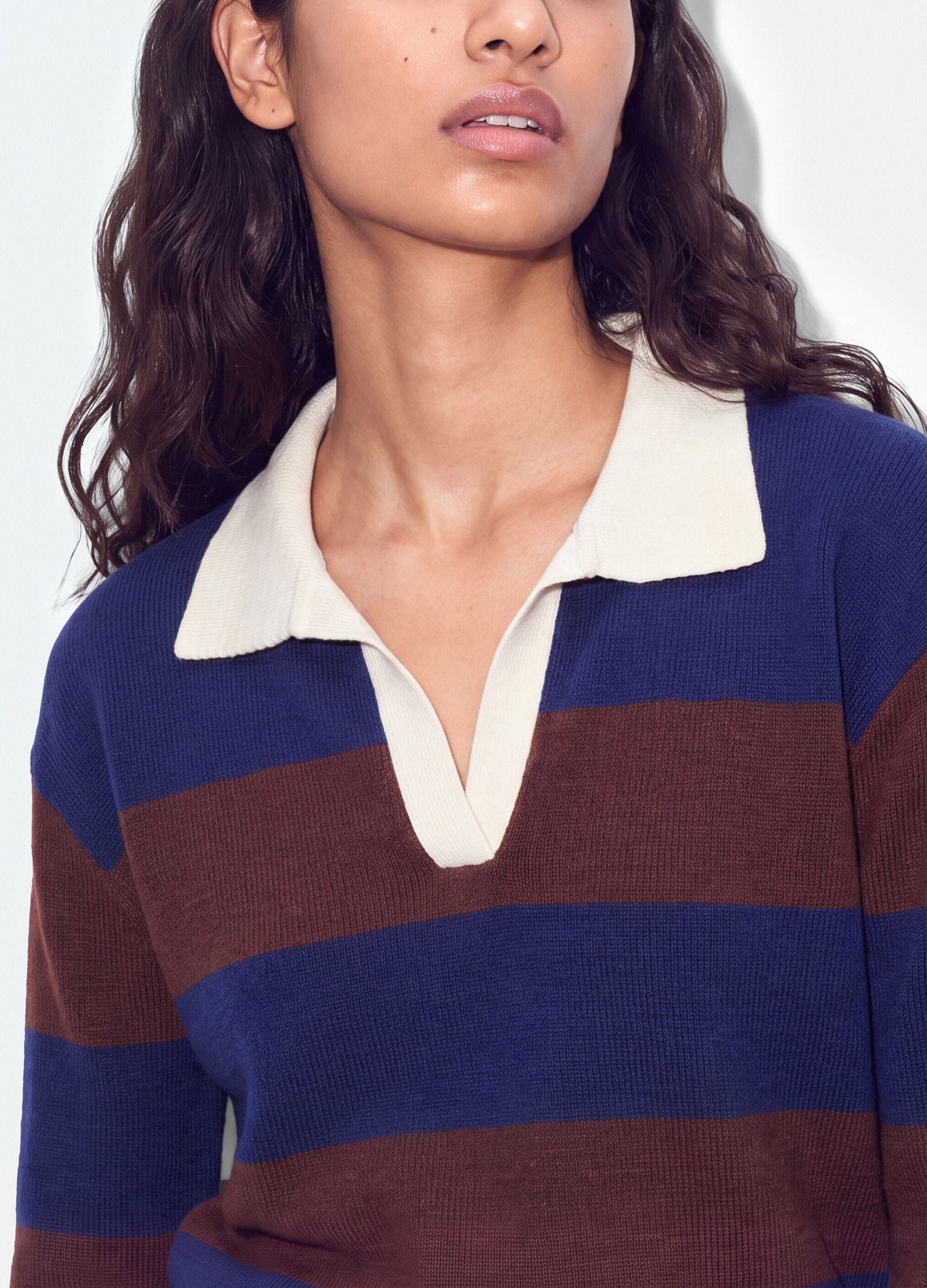 Blue striped viscose-blend polo-collar jumper, regular fit