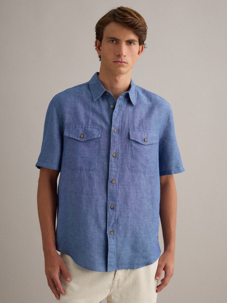 Men's blue shirt in linen and cotton blend_1