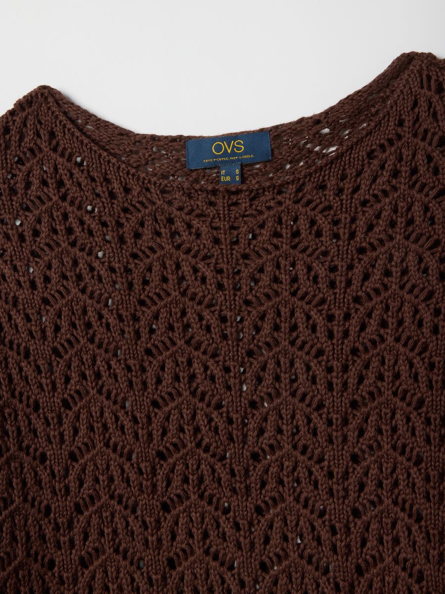 Brown pure cotton sweater with perforated pattern, regular fit_5