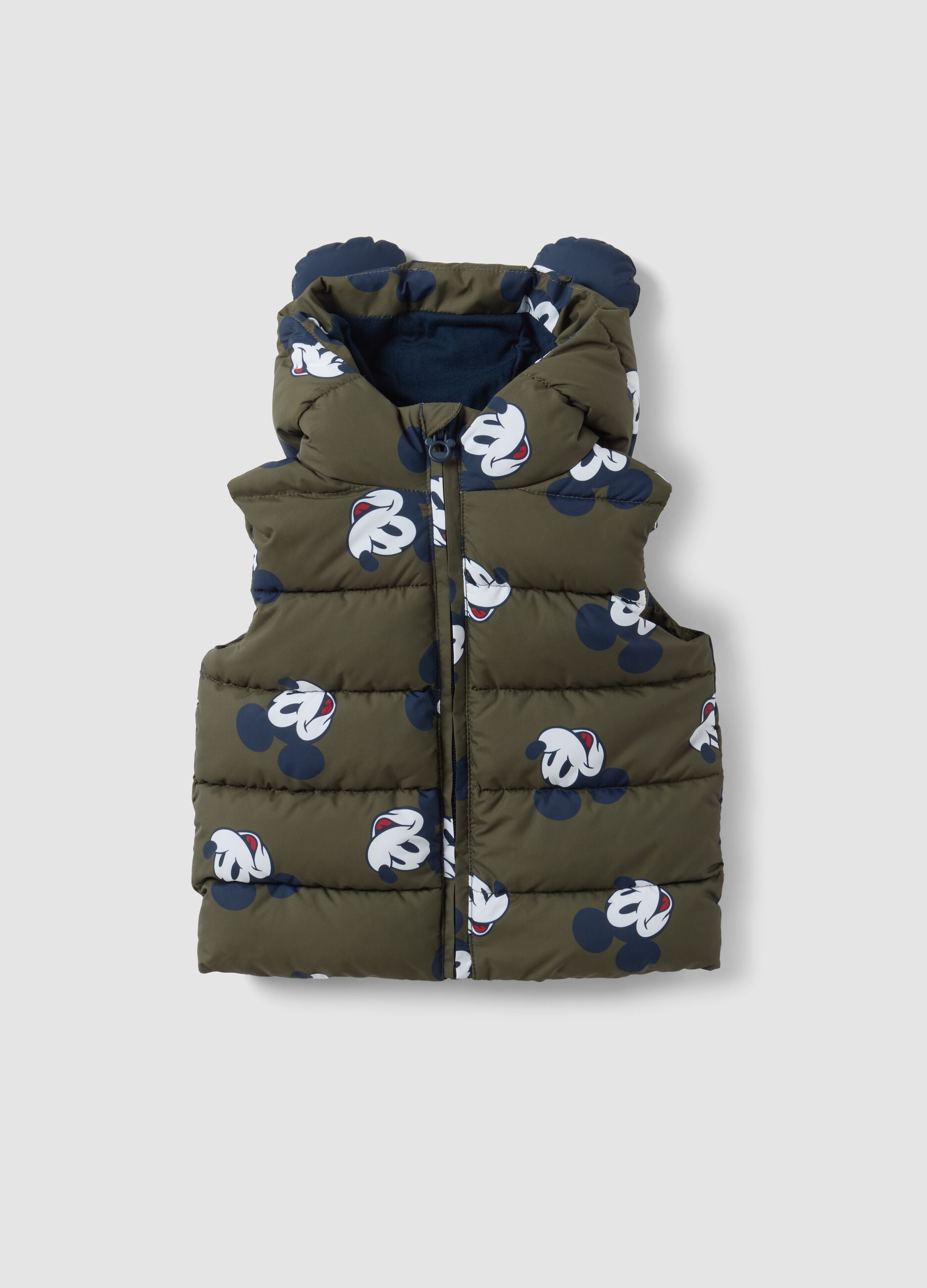 Green padded hooded gilet with Mickey print for boys