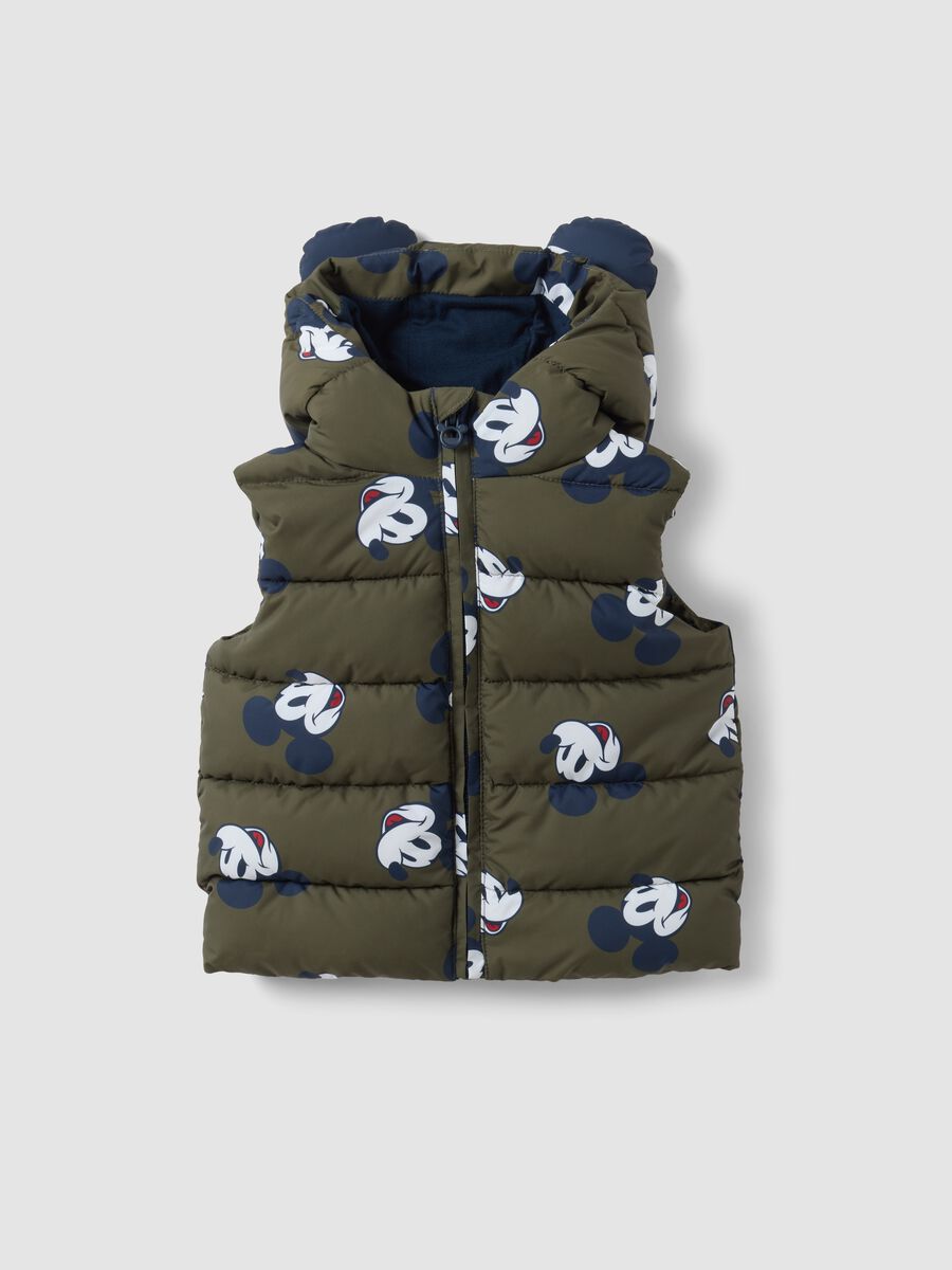 Gilet verde imbottito con cappuccio e stampa Mickey per bimbo_0