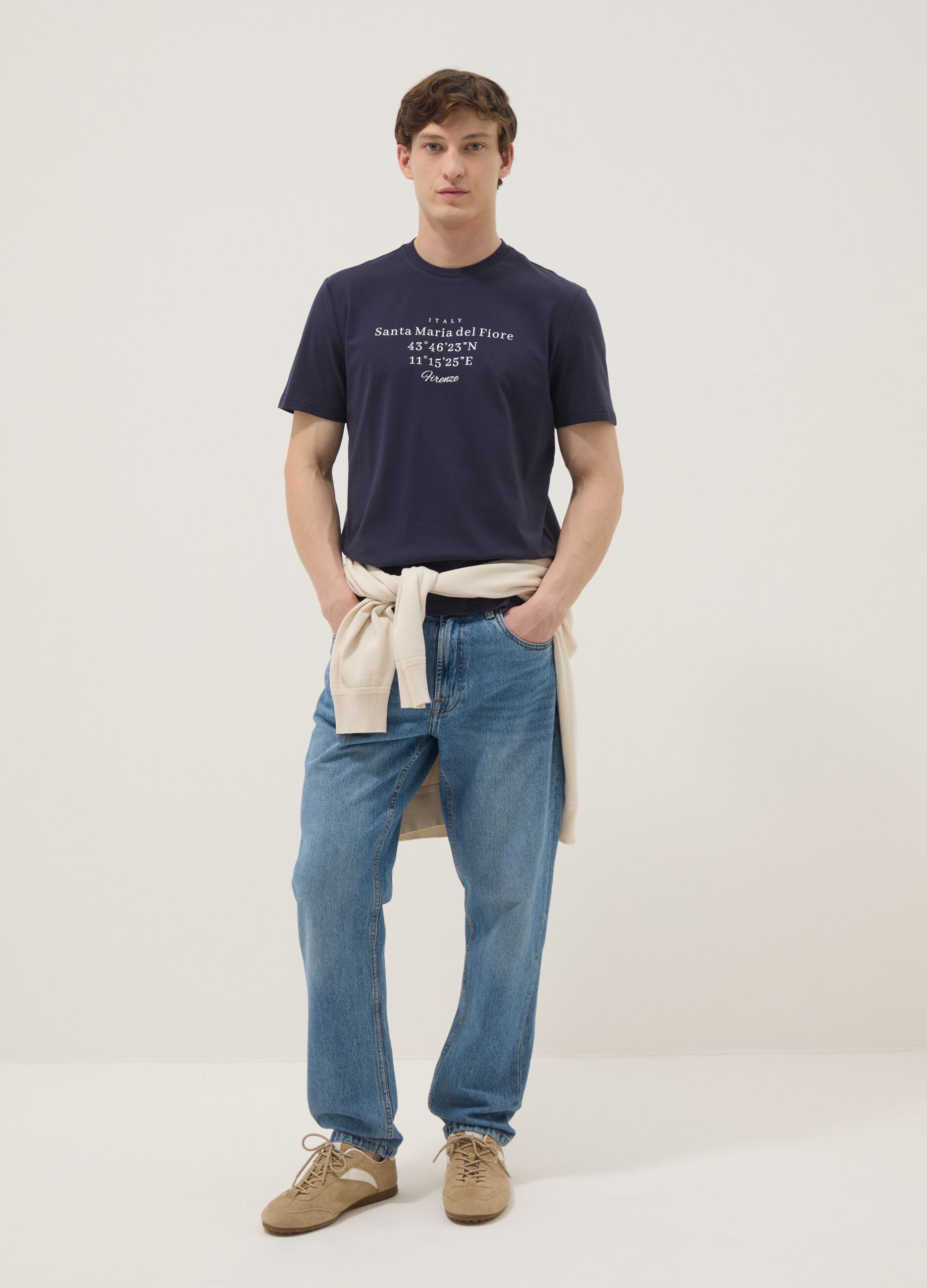 Blue short-sleeved pure cotton regular fit T-shirt