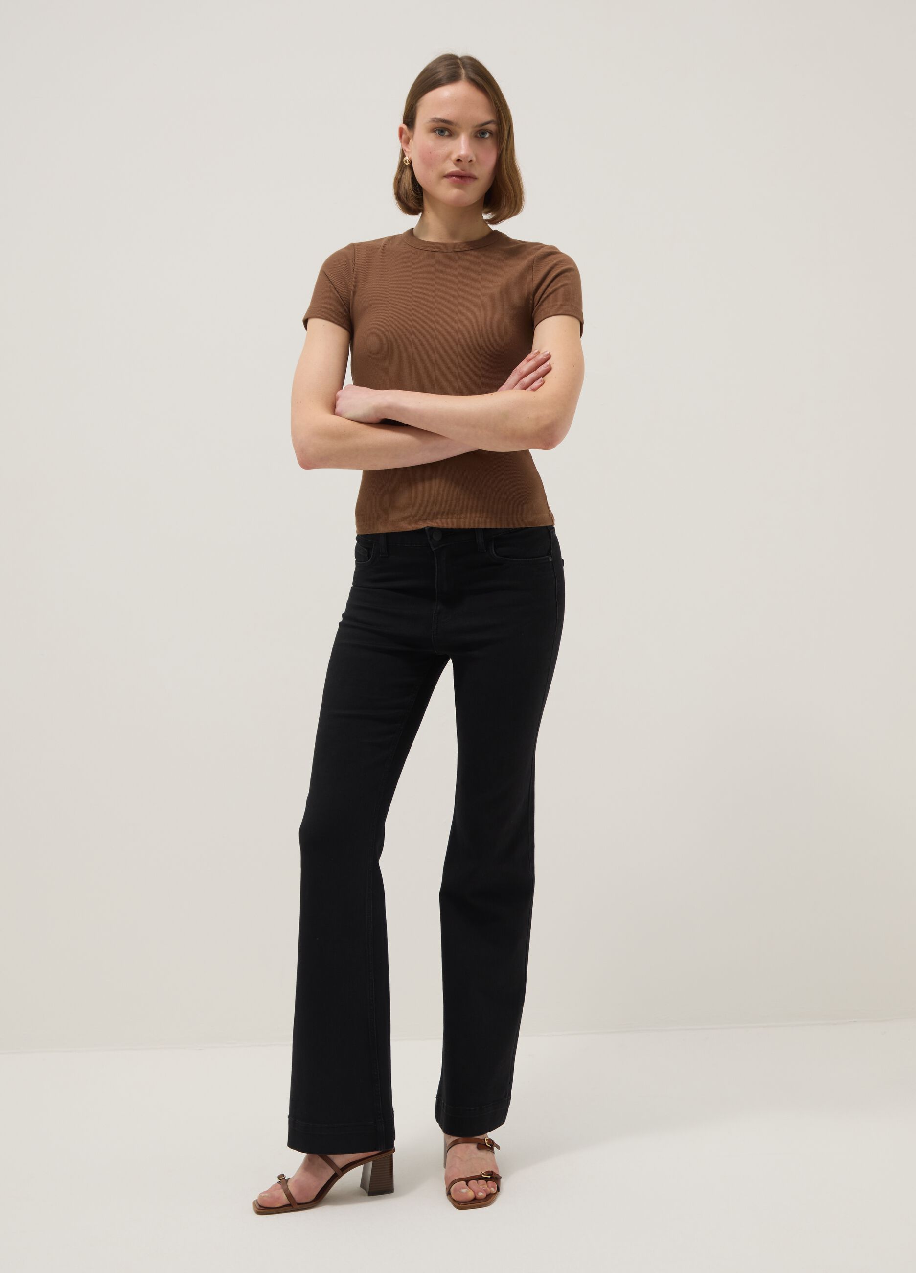 Brown fitted short-sleeve stretch cotton T-shirt