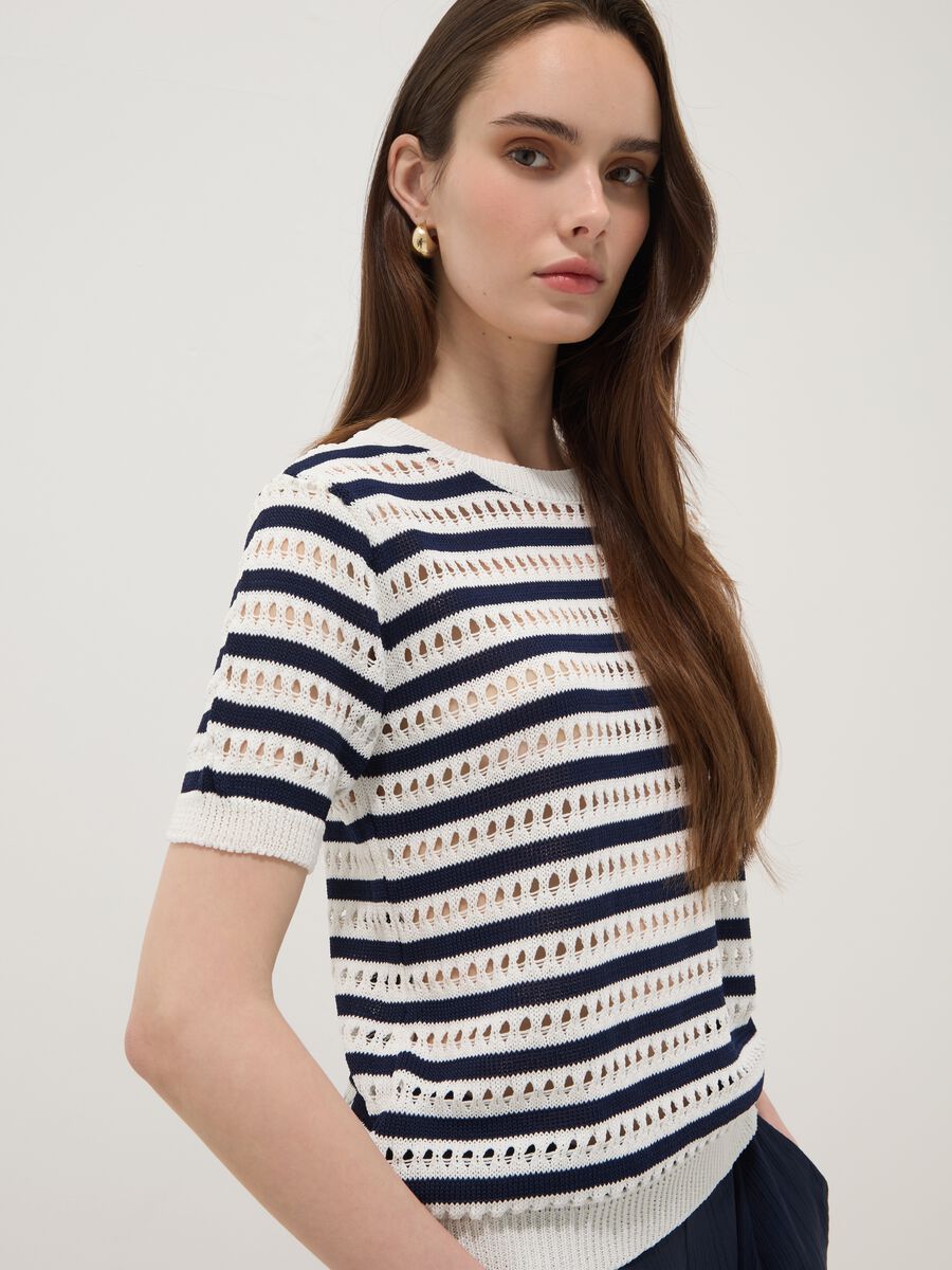 White and blue striped regular-fit openwork viscose-blend T-shirt_1