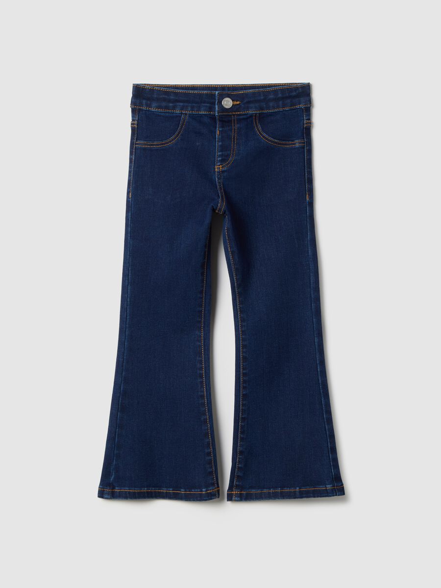 Blue regular fit cotton blend flare jeans for girls_0