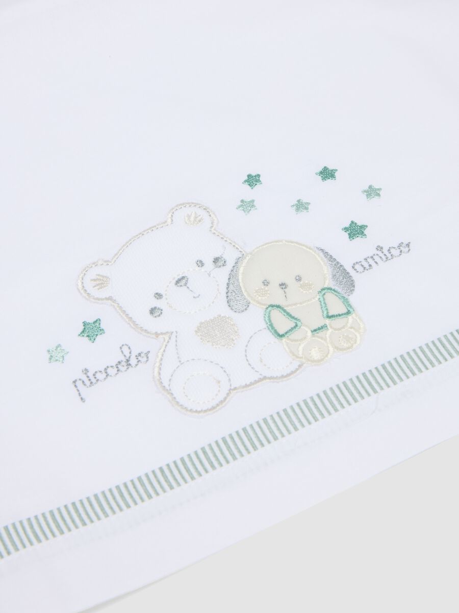 White pure cotton baby sheet with teddy bear and puppy embroidery_1
