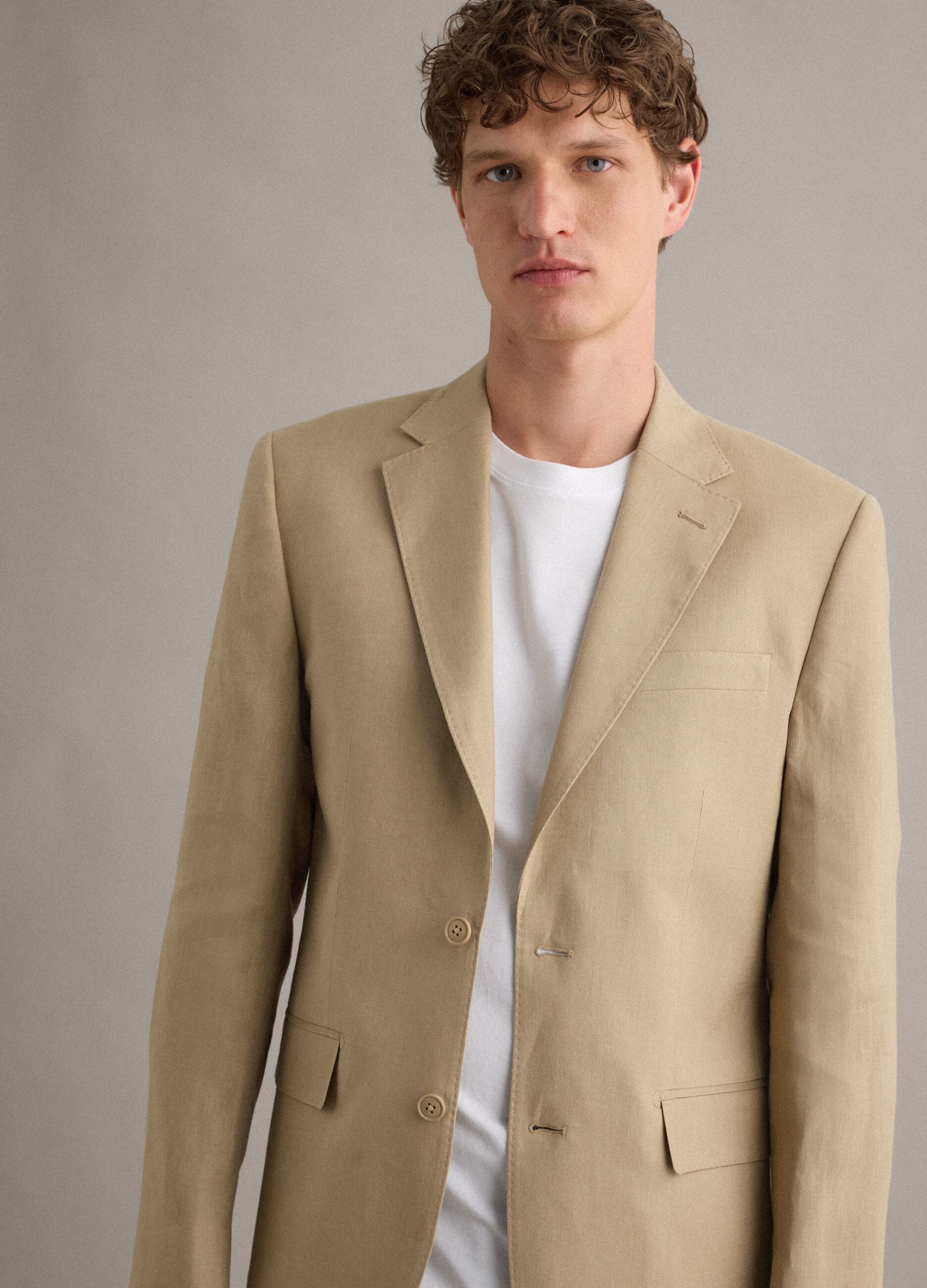 Beige Pure Linen Slim Fit Blazer