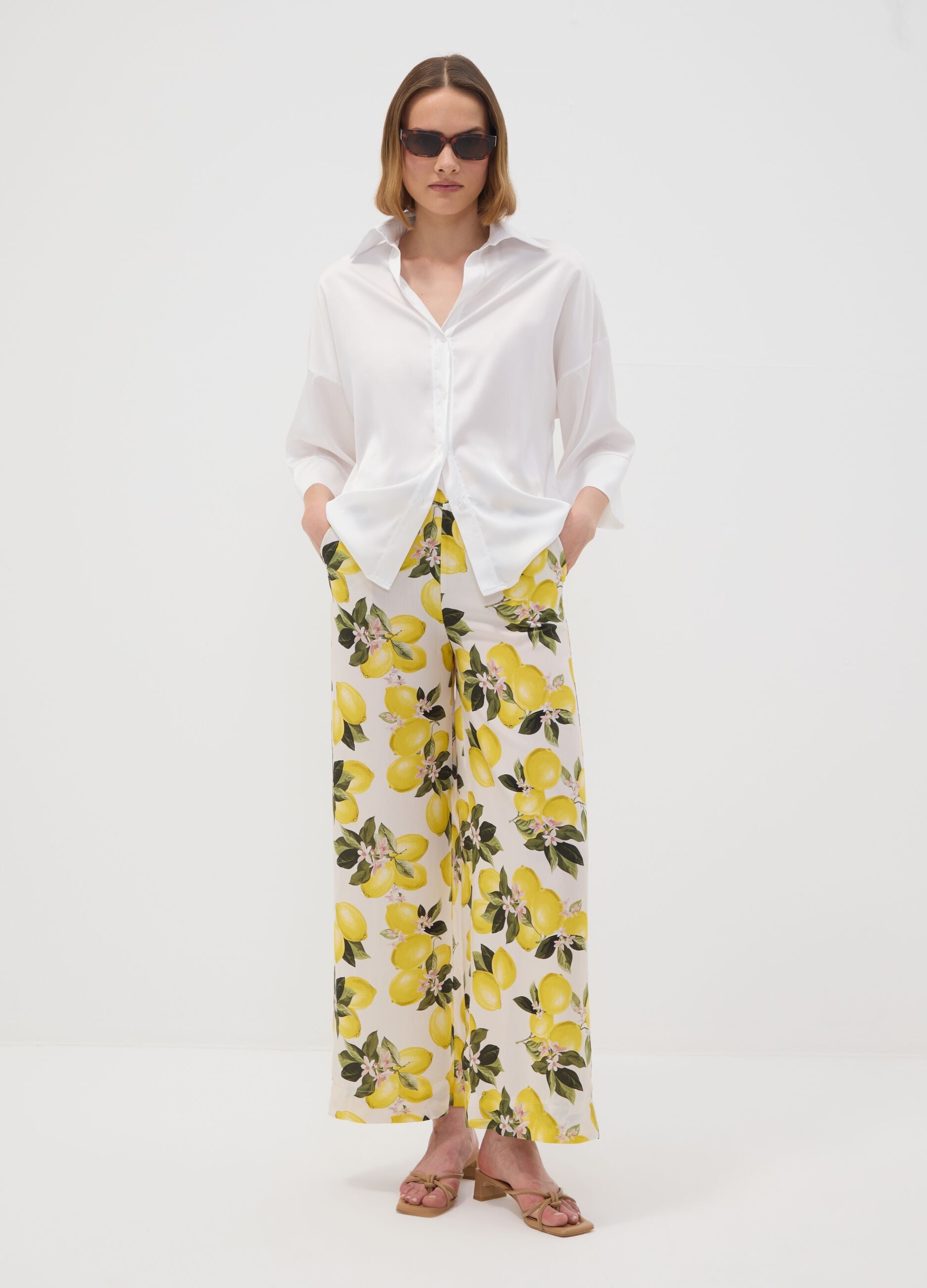 White pure viscose trousers with lemon print, regular fit