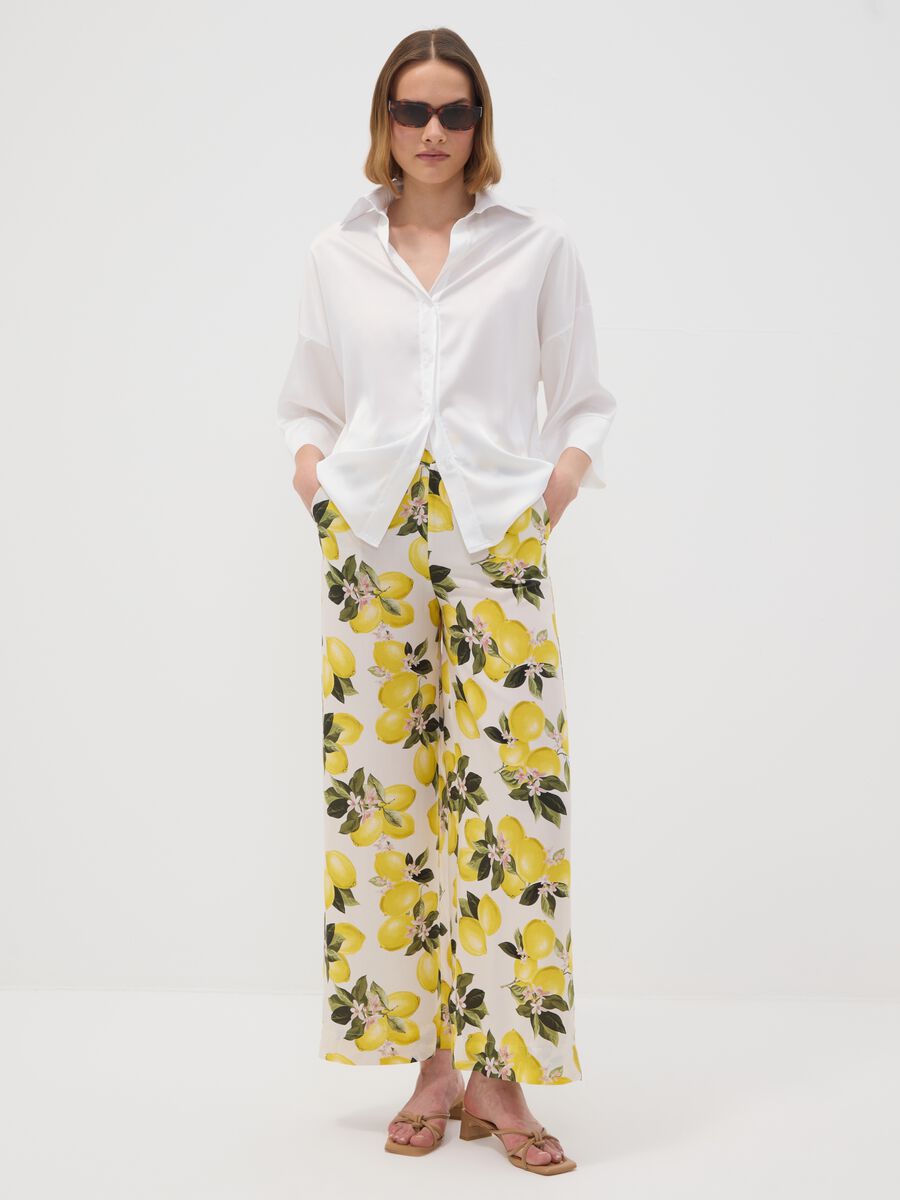 White pure viscose trousers with lemon print, regular fit_0