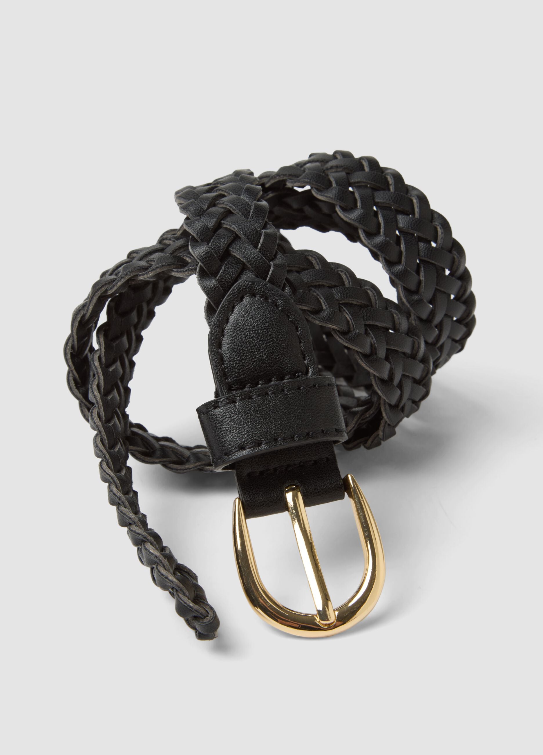 Black woven belt with gold buckle