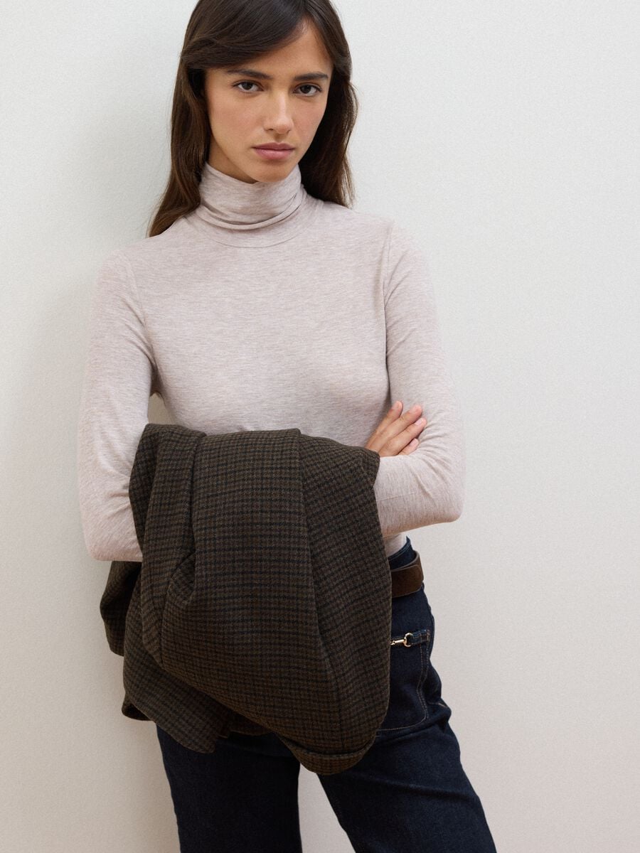 Beige modal and stretch wool T-shirt with raised collar, regular fit_1