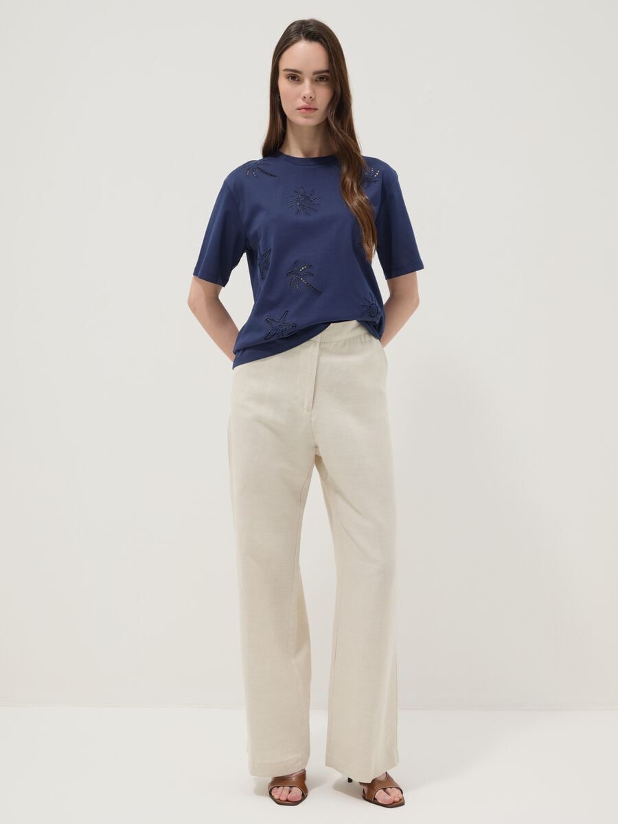 Blue pure cotton T-shirt with openwork embroidery, regular fit_2