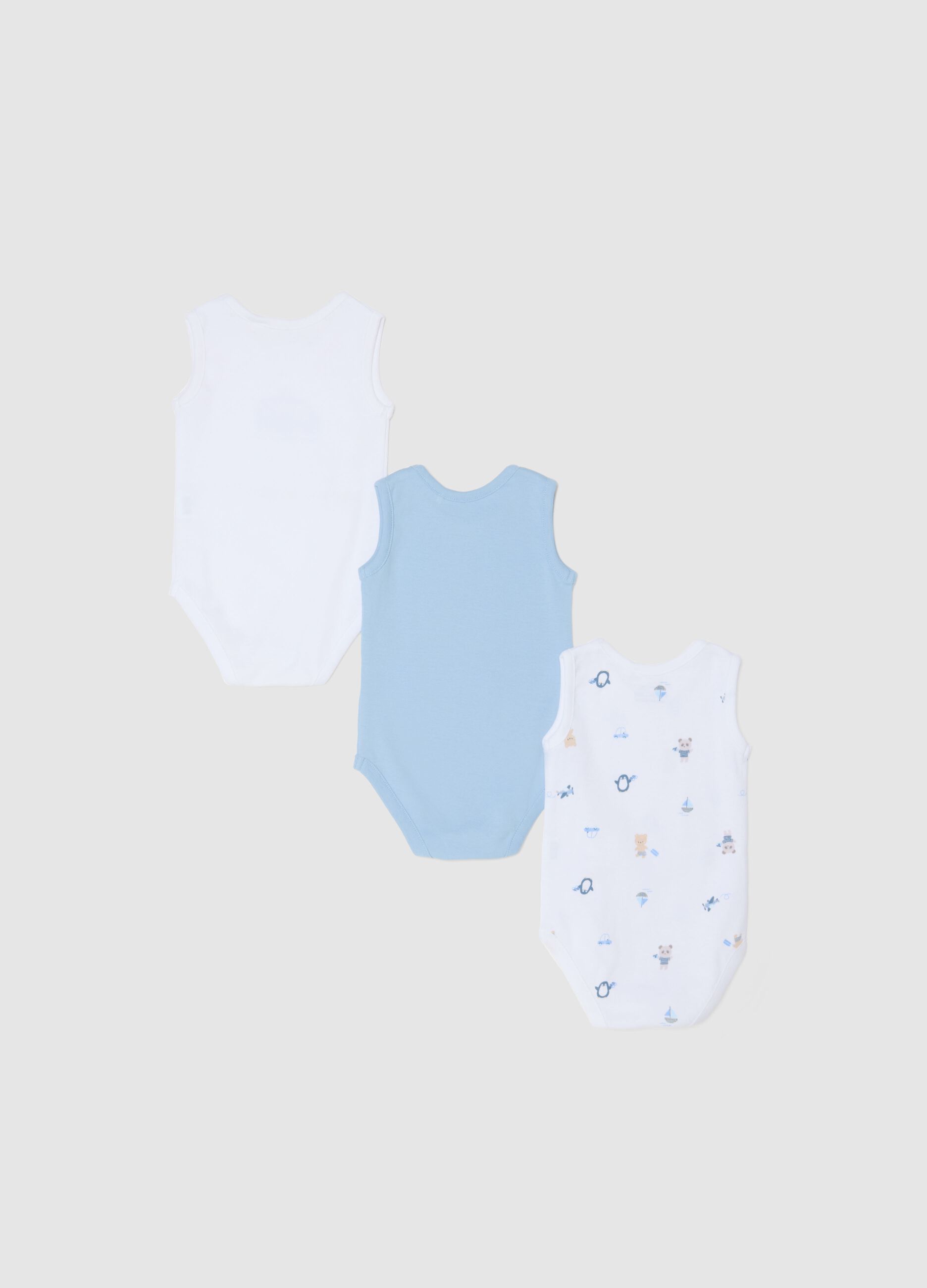 Multicoloured sleeveless bodysuit tripack in pure cotton for newborns