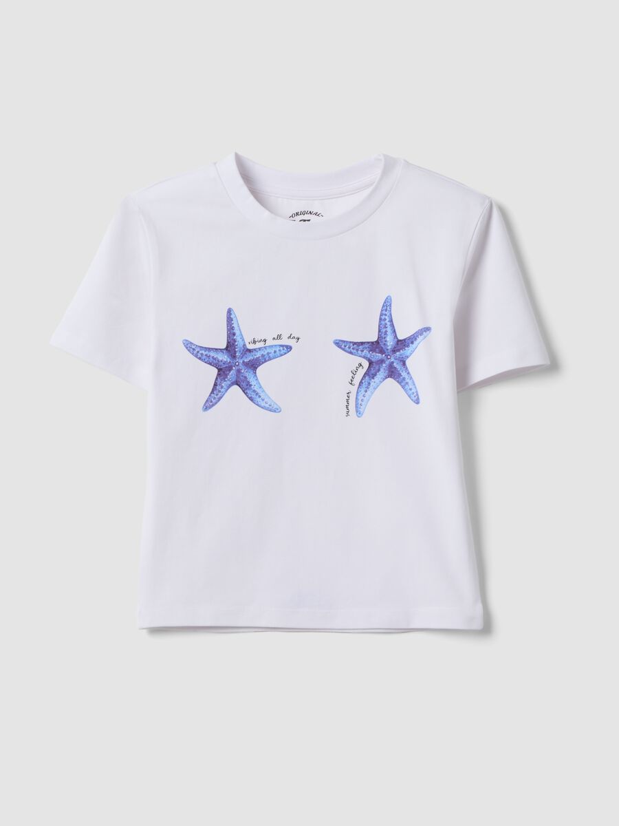 White regular fit stretch cotton t-shirt with starfish_4
