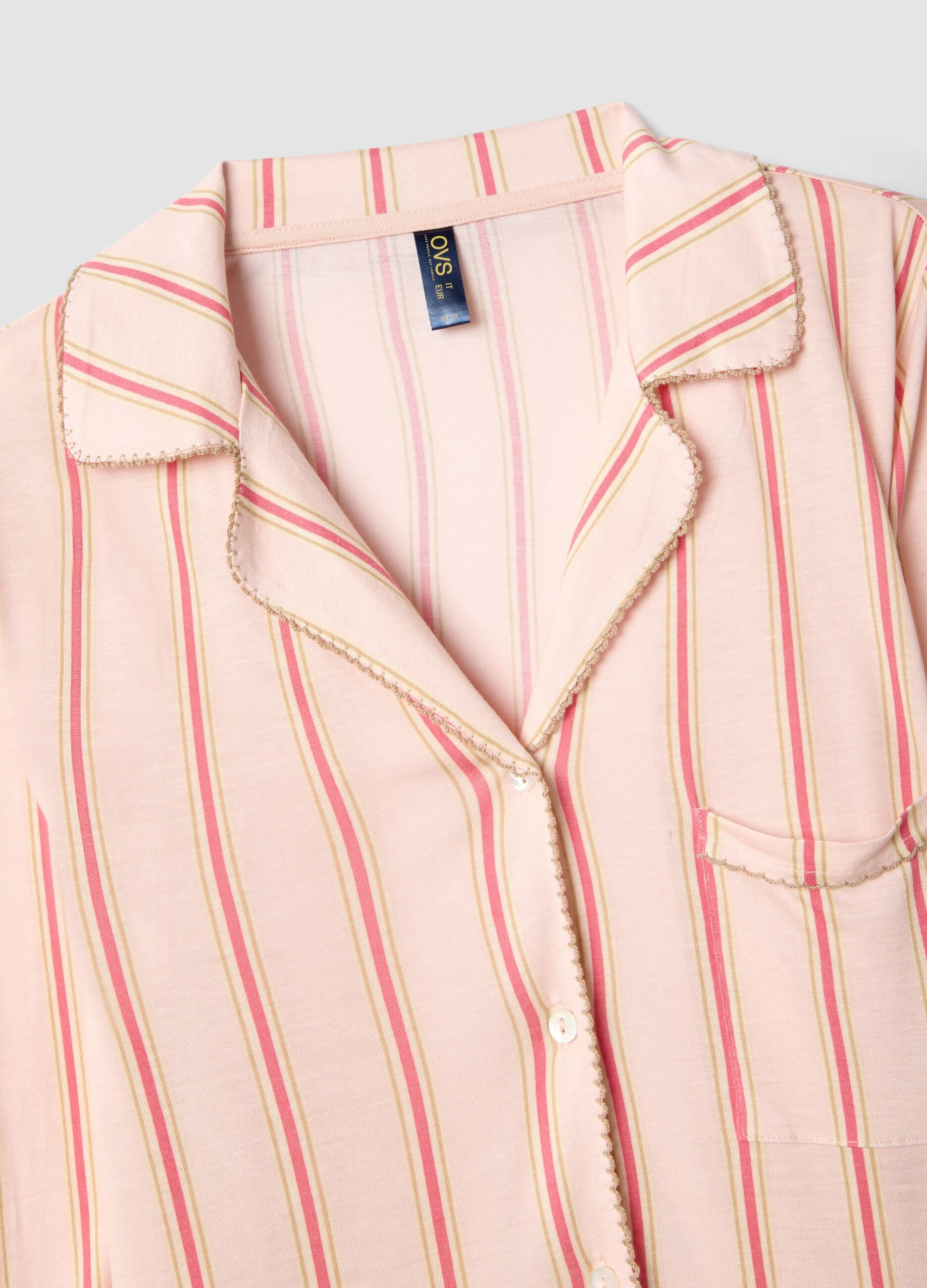 Striped pink pure viscose pyjamas, regular fit with V-neck