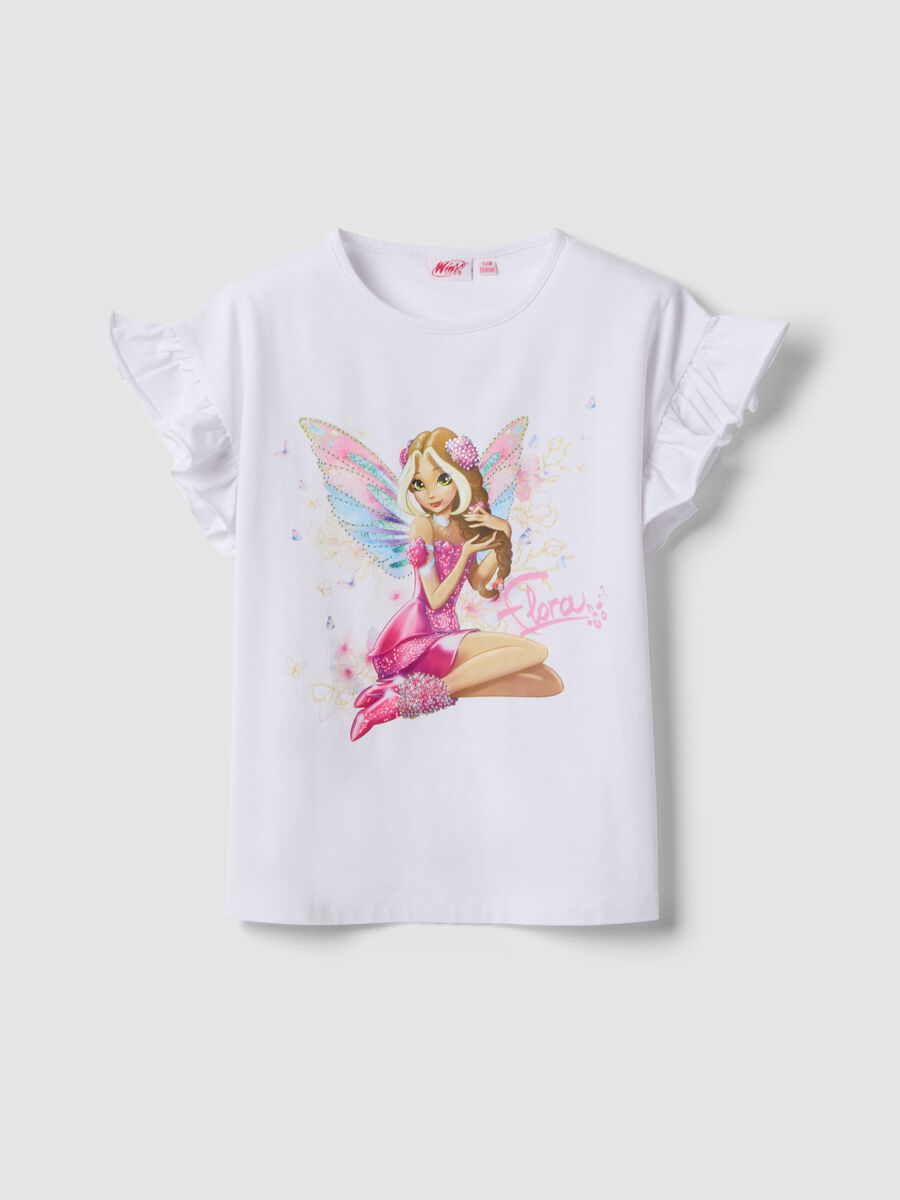 T-shirt bianca in cotone elasticizzato con maniche volant per bambina regular fit_0