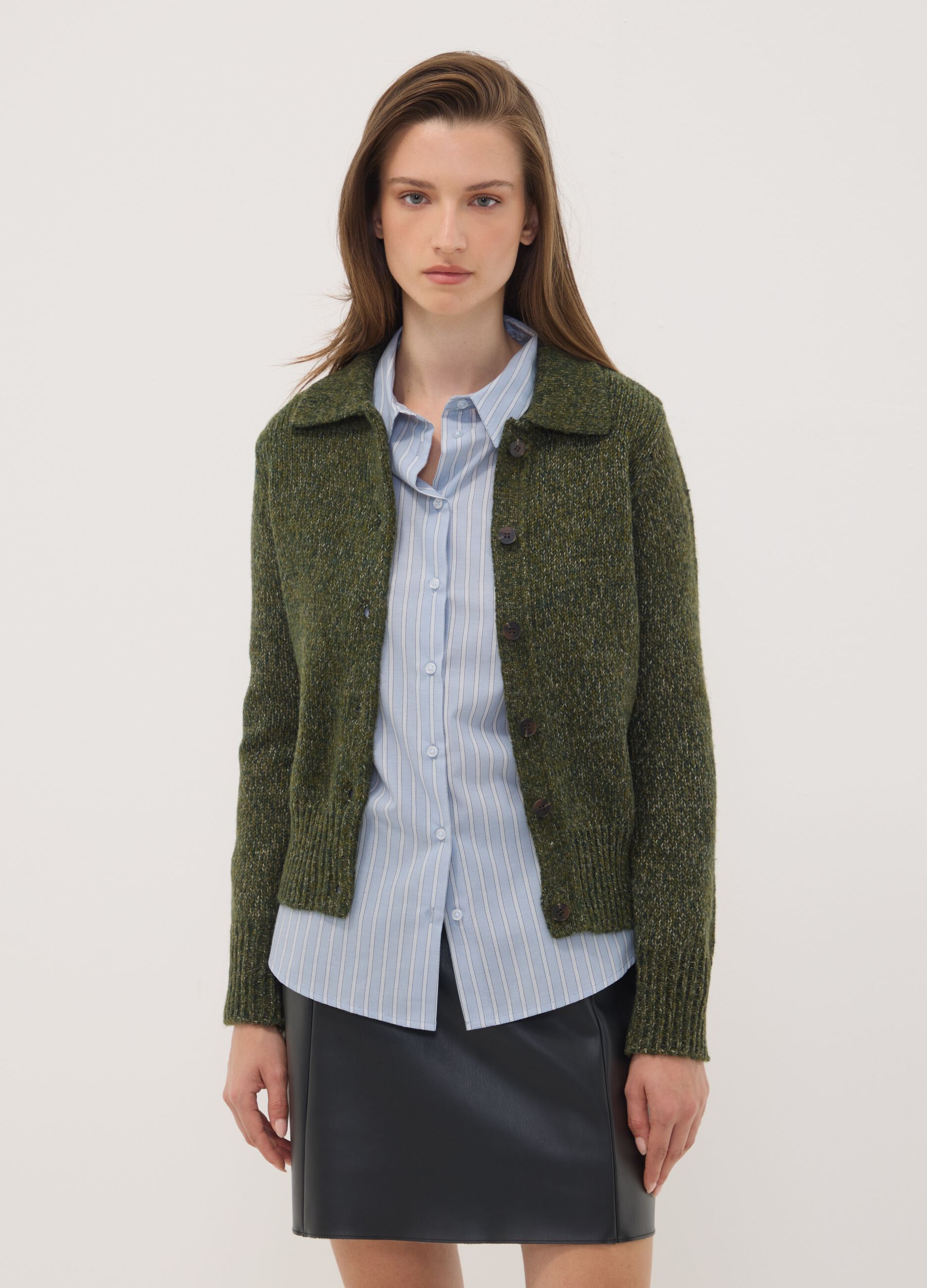 Green wool-blend cardigan with polo collar