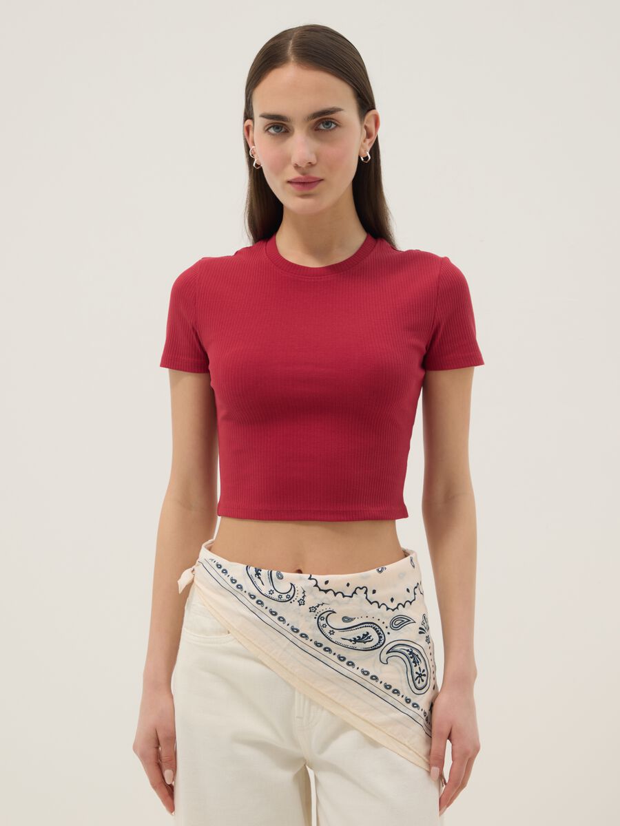 Red ribbed fitted stretch-cotton T-shirt_1