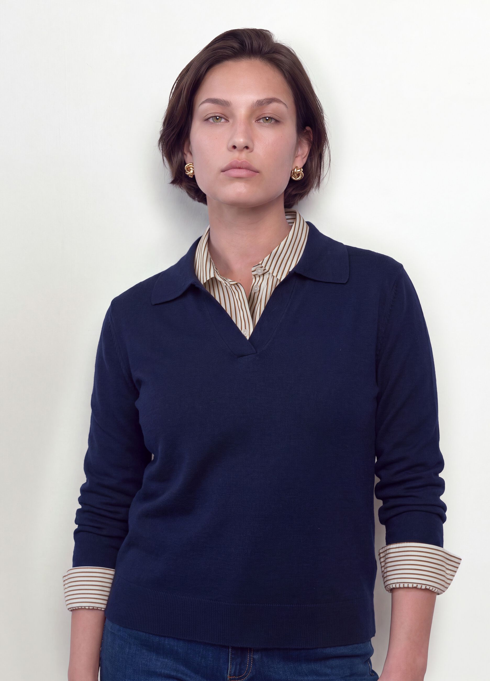 Blue viscose-blend polo-collar jumper with relaxed fit