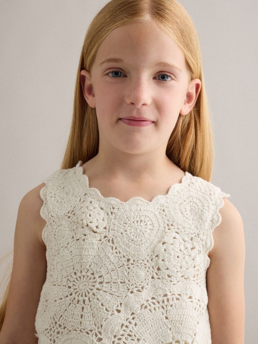 Girls&rsquo; white pure cotton tank top with floral open-knit pattern_2