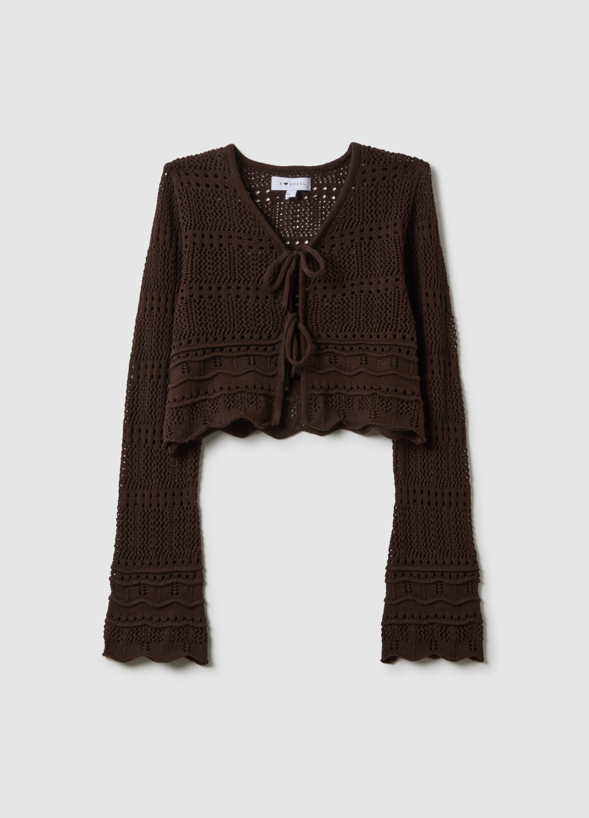 Cardigan deep V in crochet di puro cotone marrone regular fit