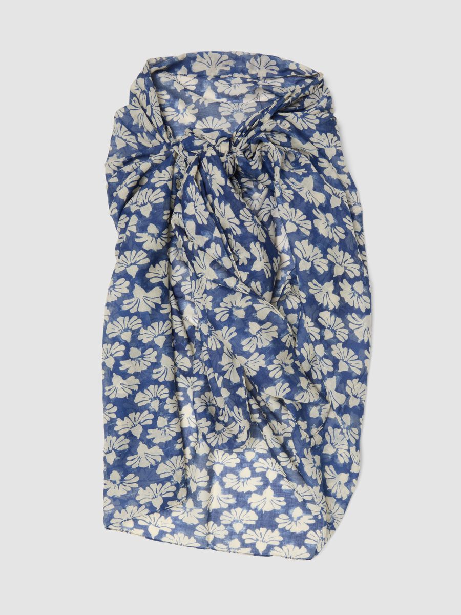 Sarong blu in puro cotone con stampa floreale_1