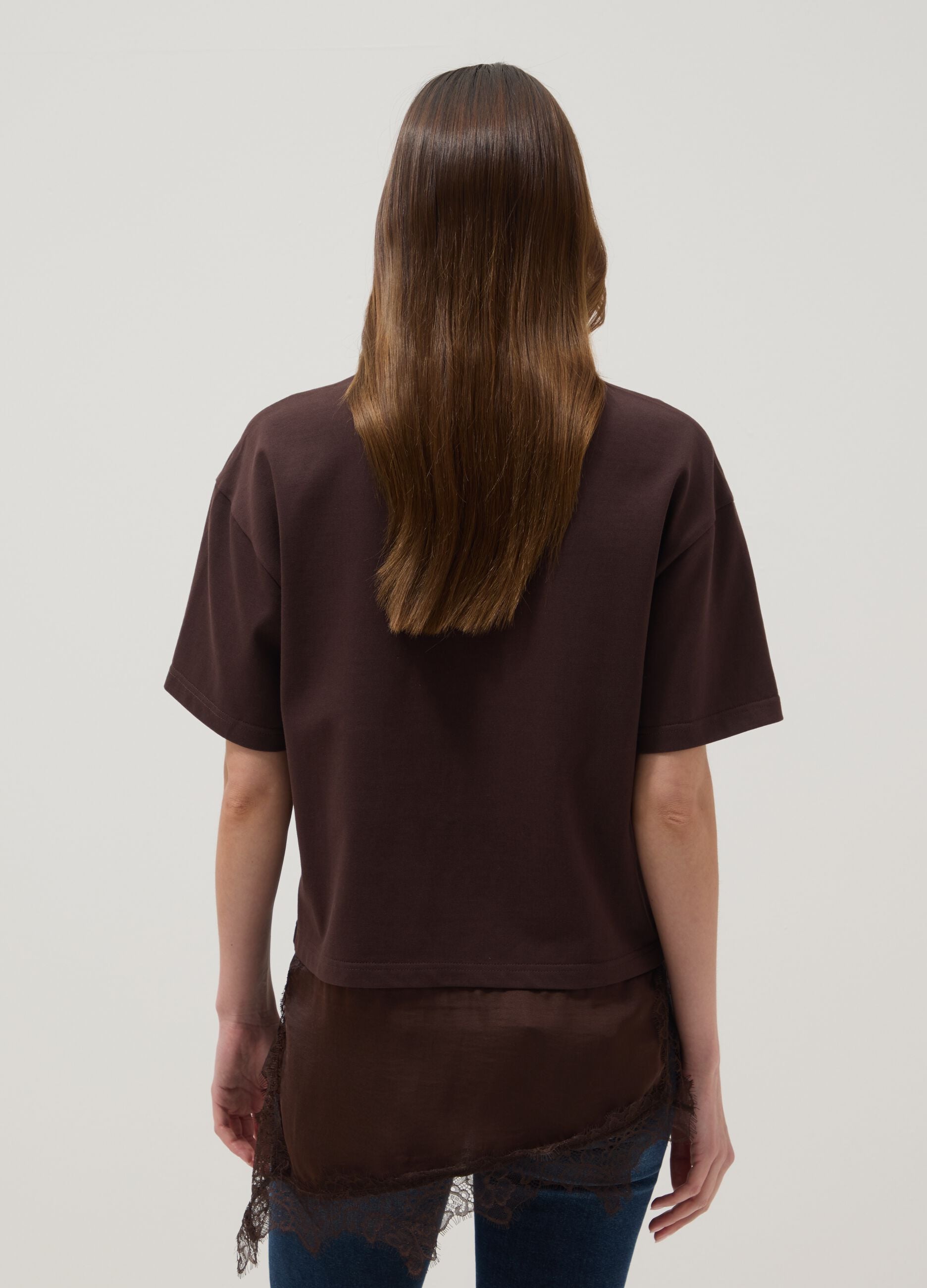 Brown pure cotton T-shirt with lace insert, relaxed fit
