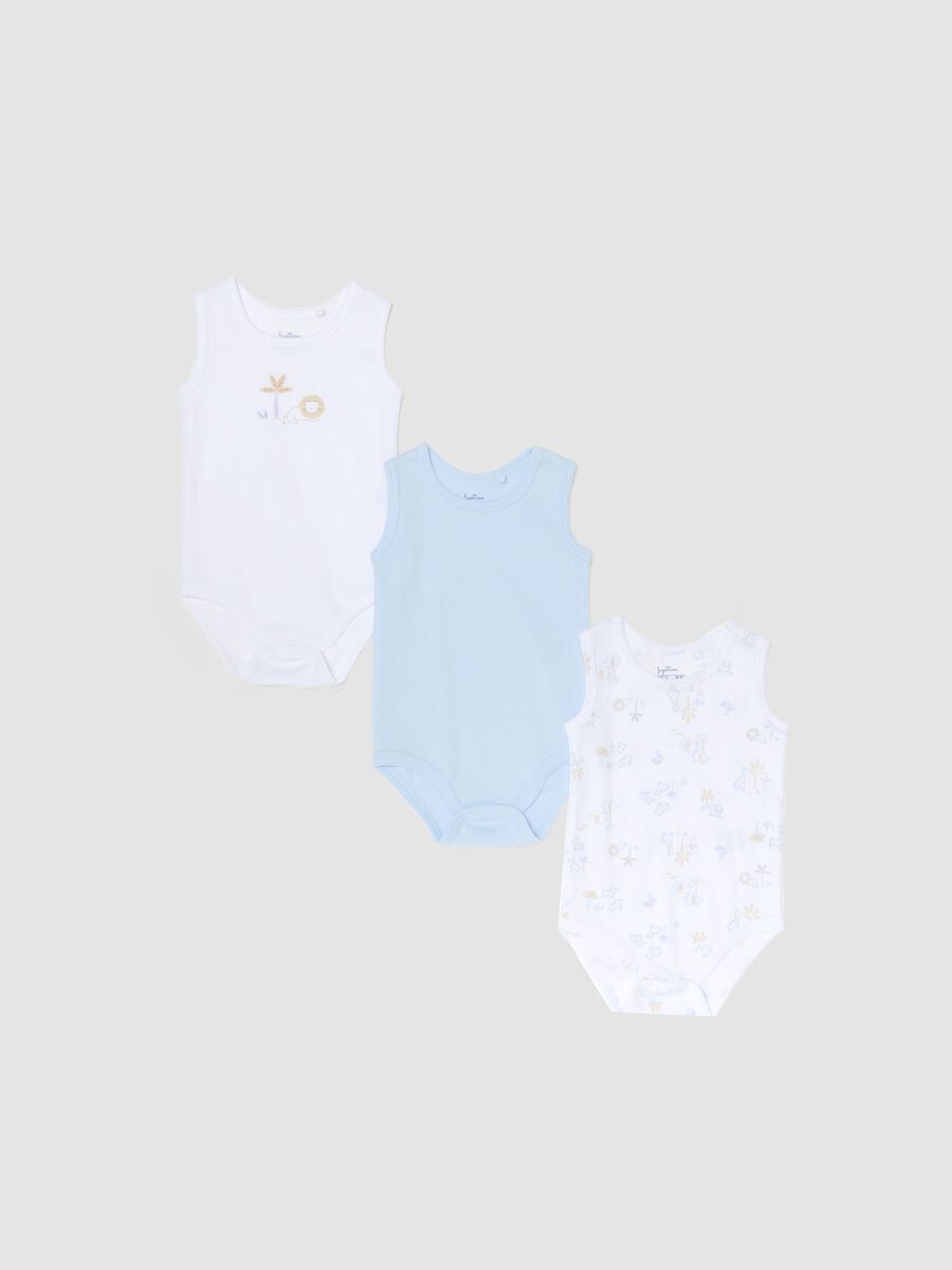 Multicolour sleeveless cotton bodysuit tripack for newborns_0