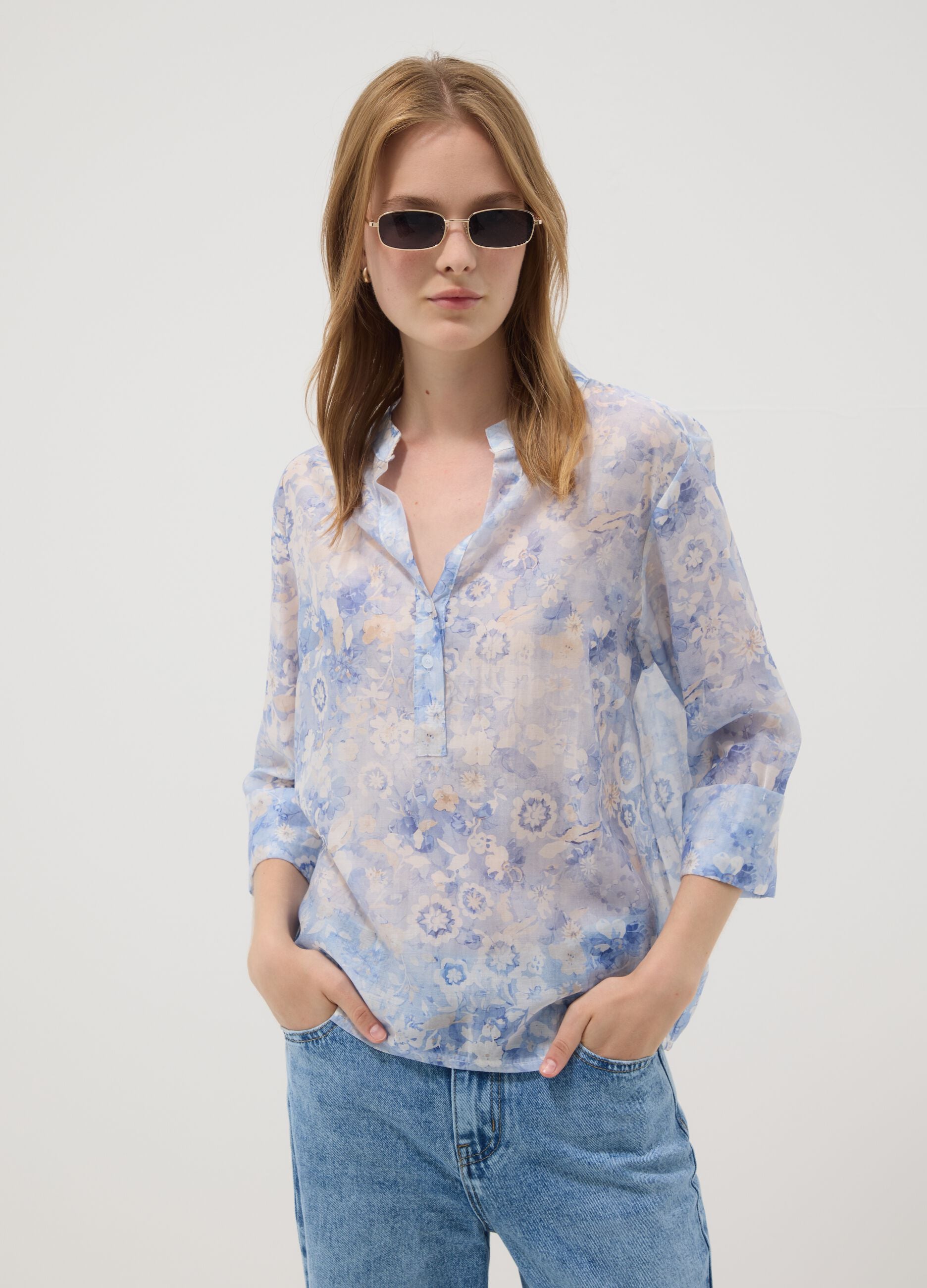 Blue floral lyocell-blend blouse