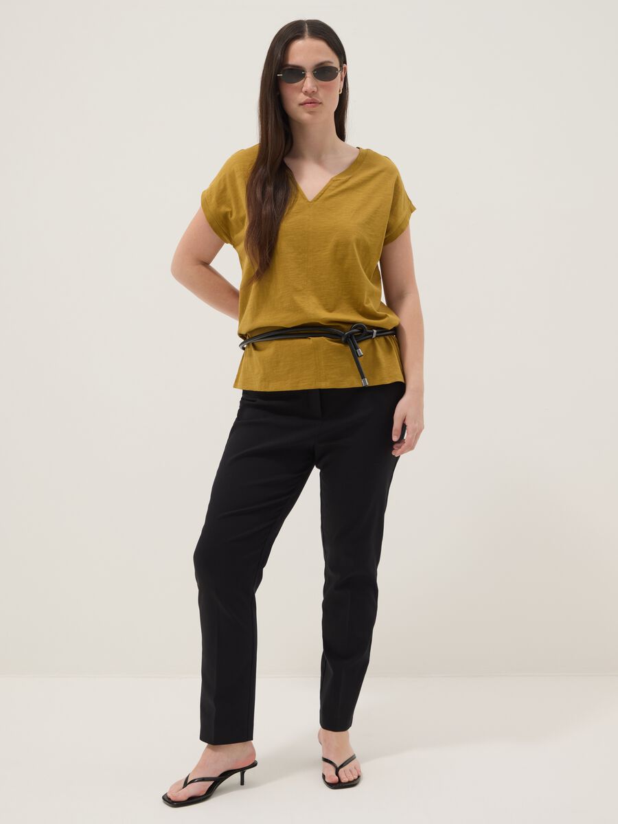 Yellow pure cotton regular fit V-neck T-shirt_2