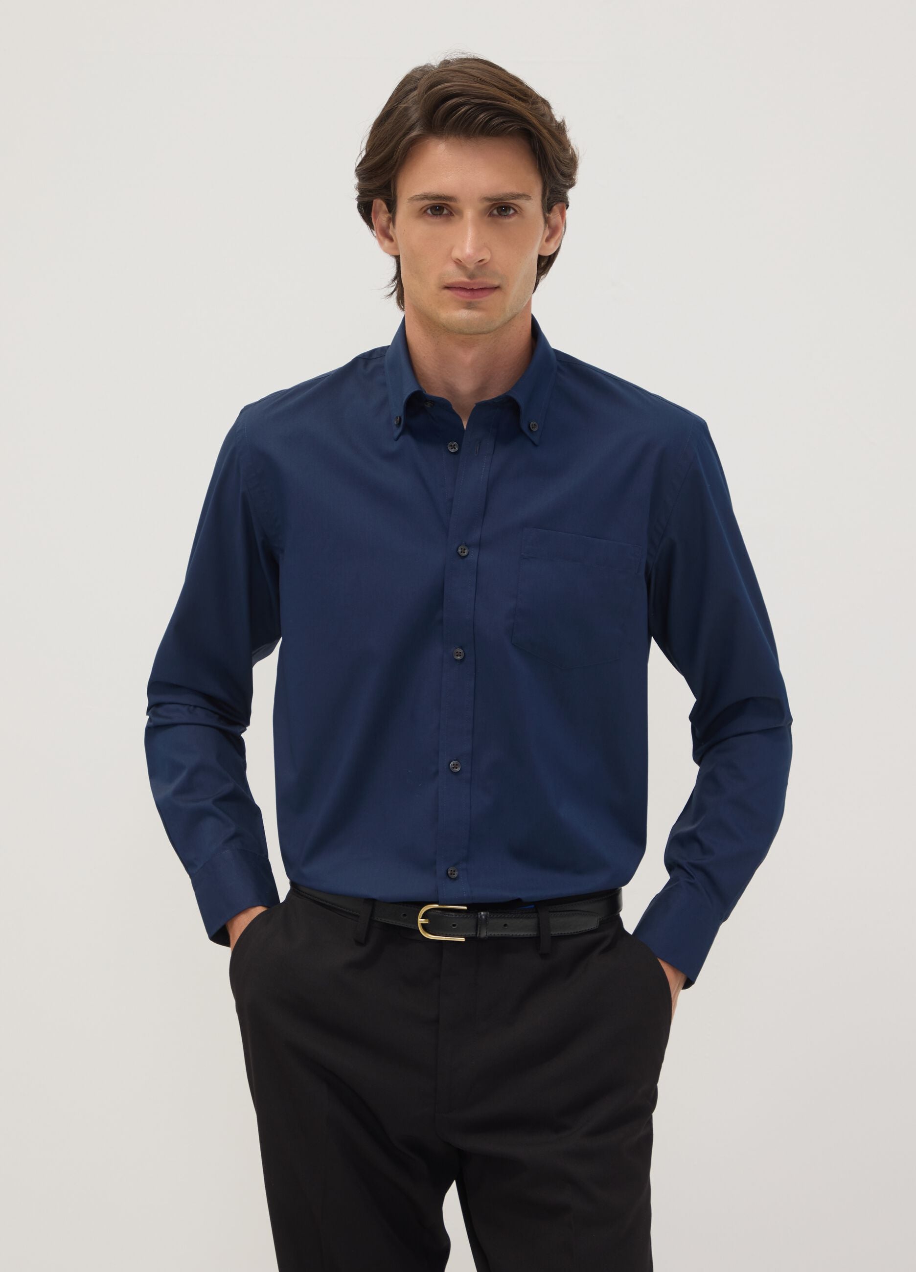 Blue regular-fit easy-iron shirt with button-down collar
