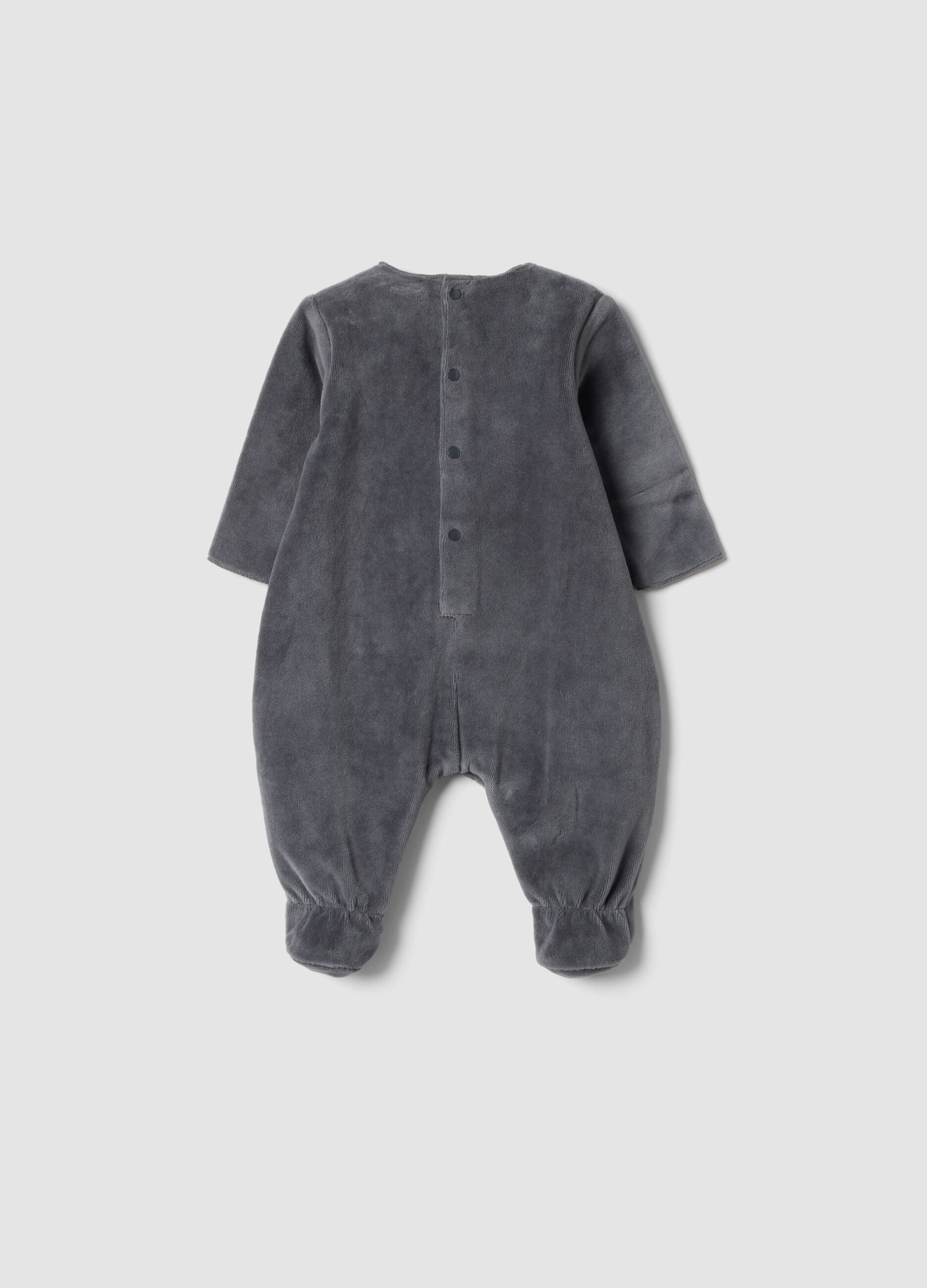 Grey footed baby sleepsuit in organic cotton blend with Mickey print