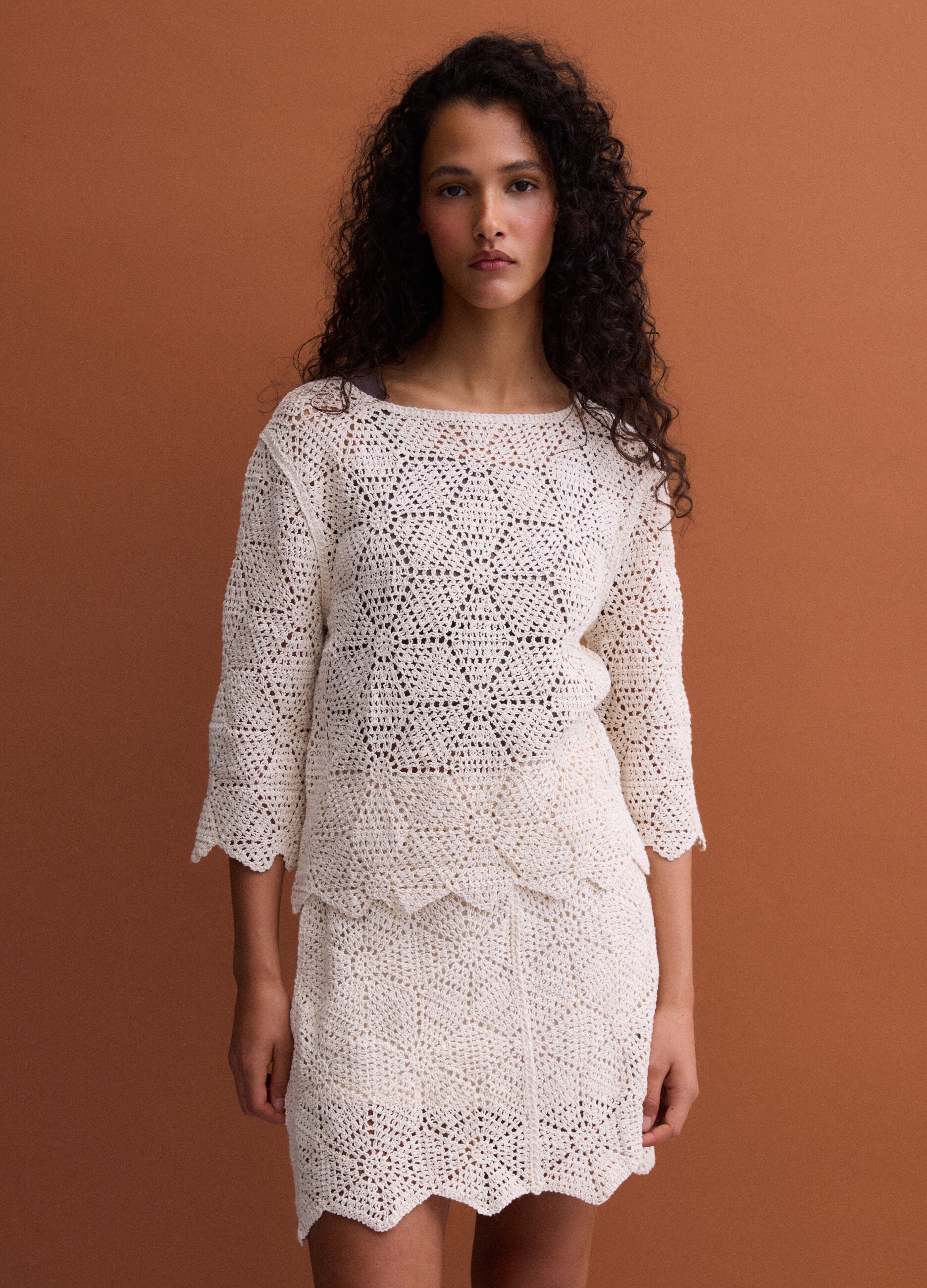 Beige pure cotton crochet T-shirt, regular fit