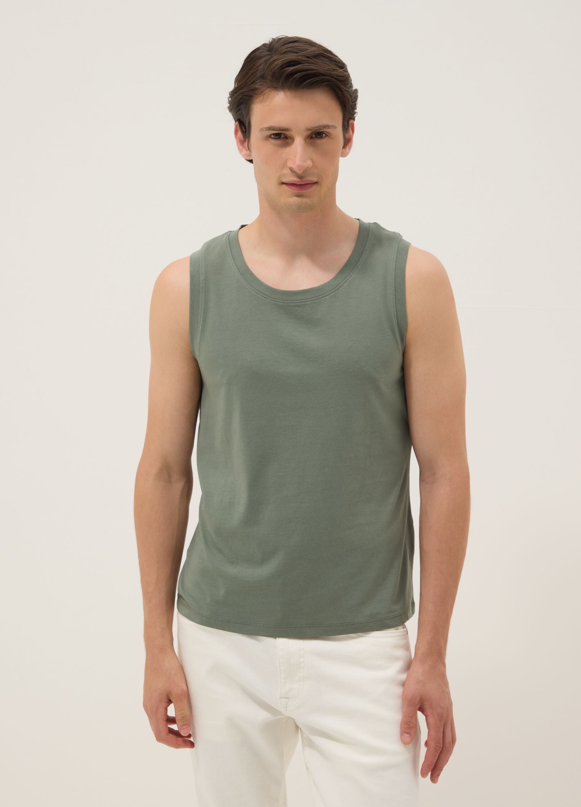Green crew-neck vest top in pure cotton, regular fit