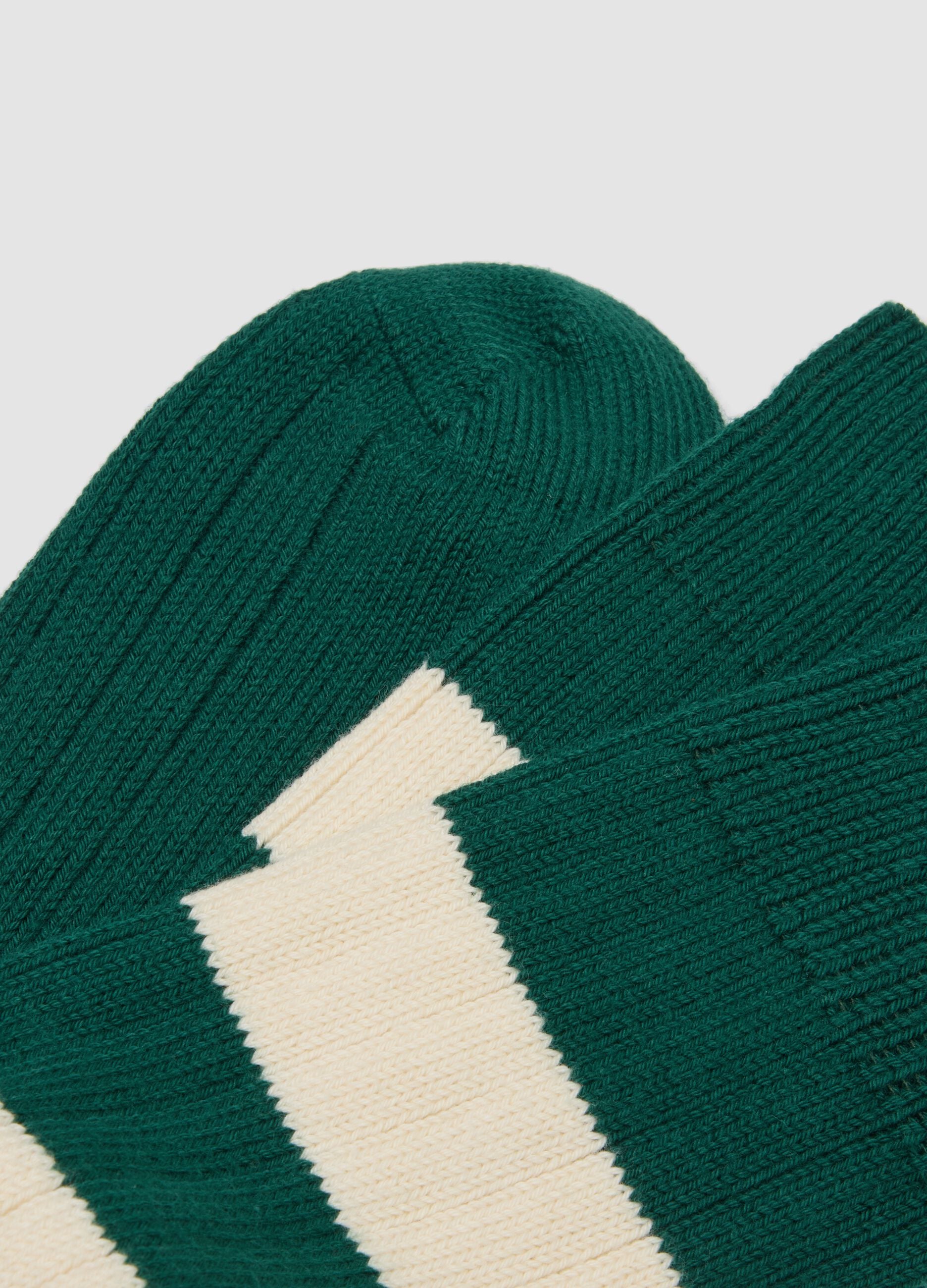Green stretch cotton-blend tennis socks with stripes