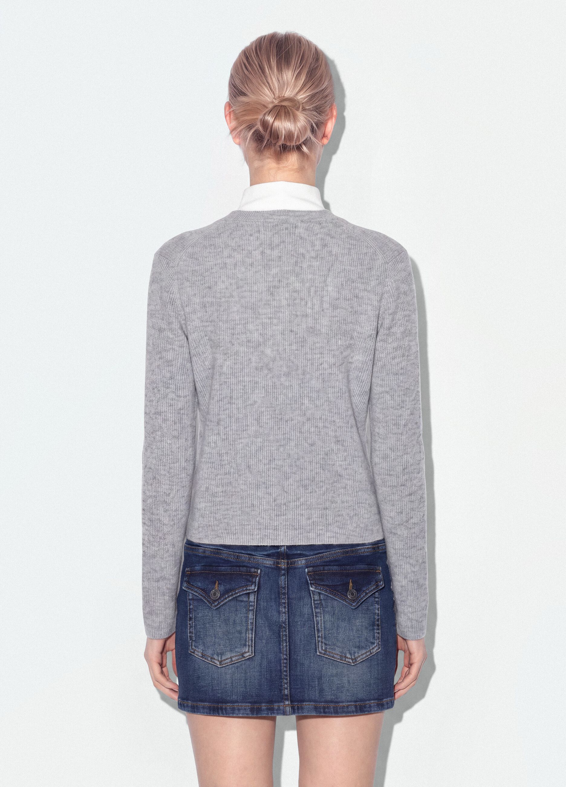 Grey crew-neck cardigan in lyocell and wool blend, oversized fit