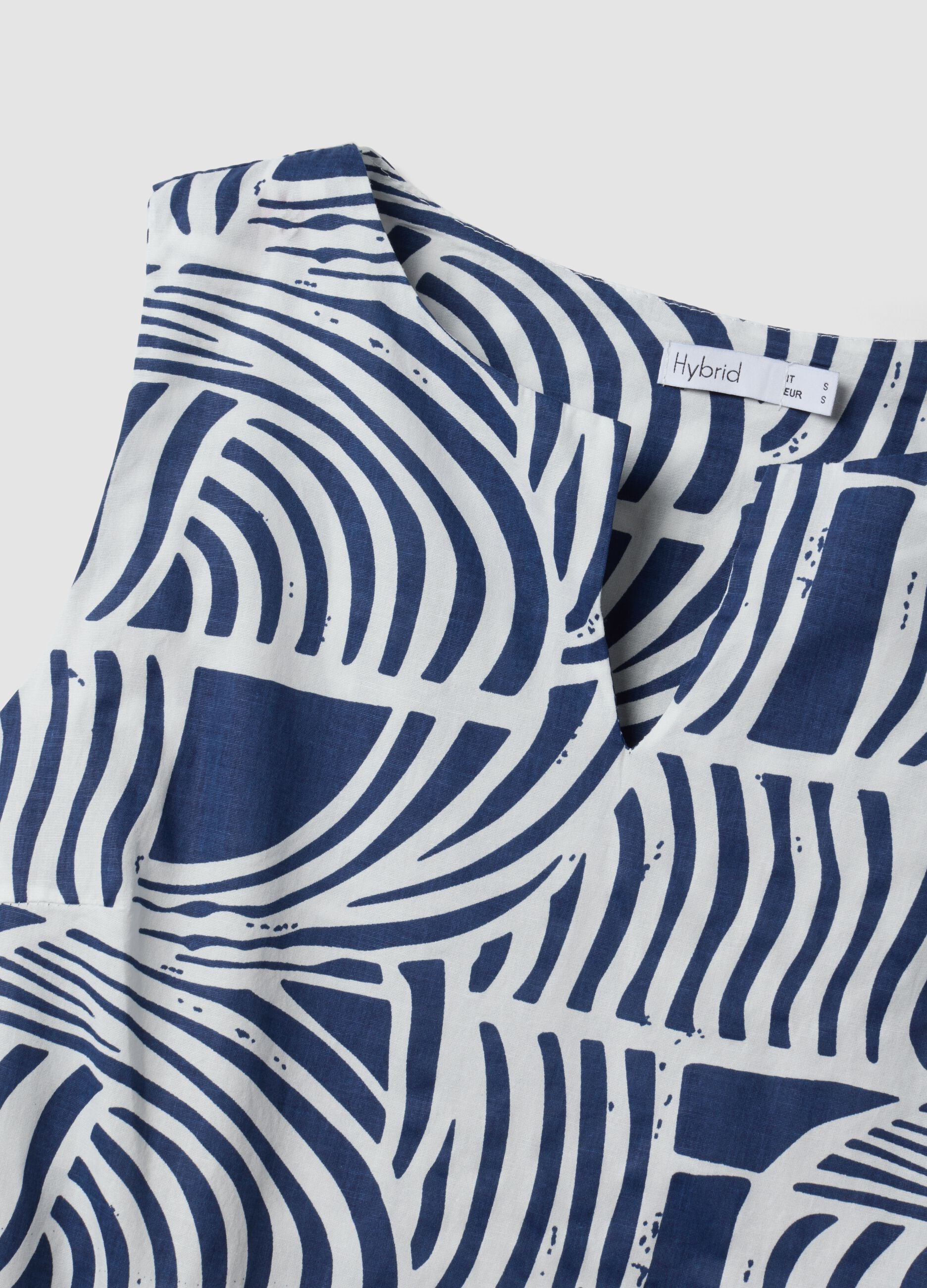 Blue pure cotton dress with print and matching belt, regular fit