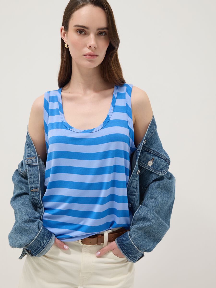 Blue striped stretch viscose tank top_0