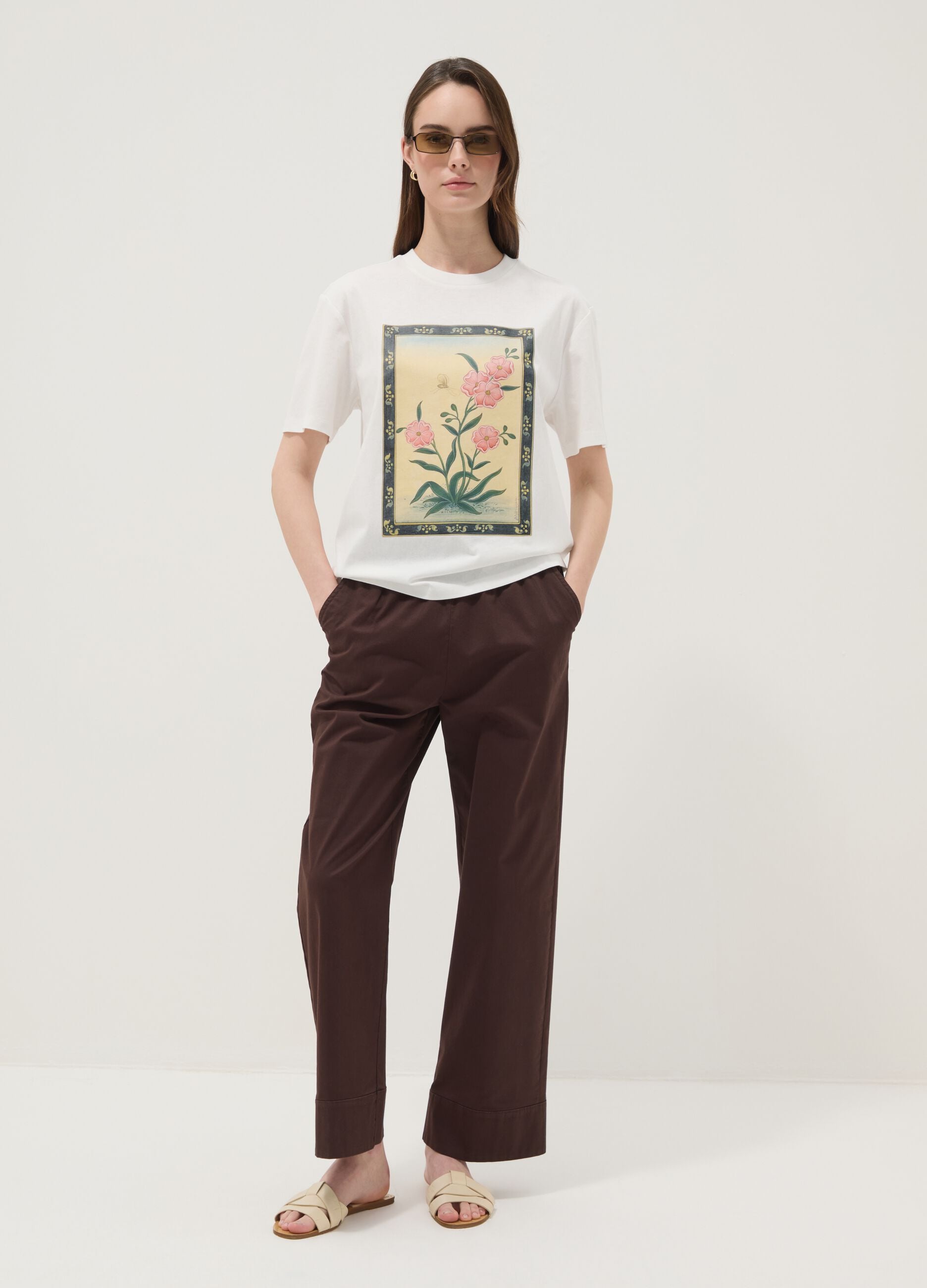 White pure cotton T-shirt with floral print